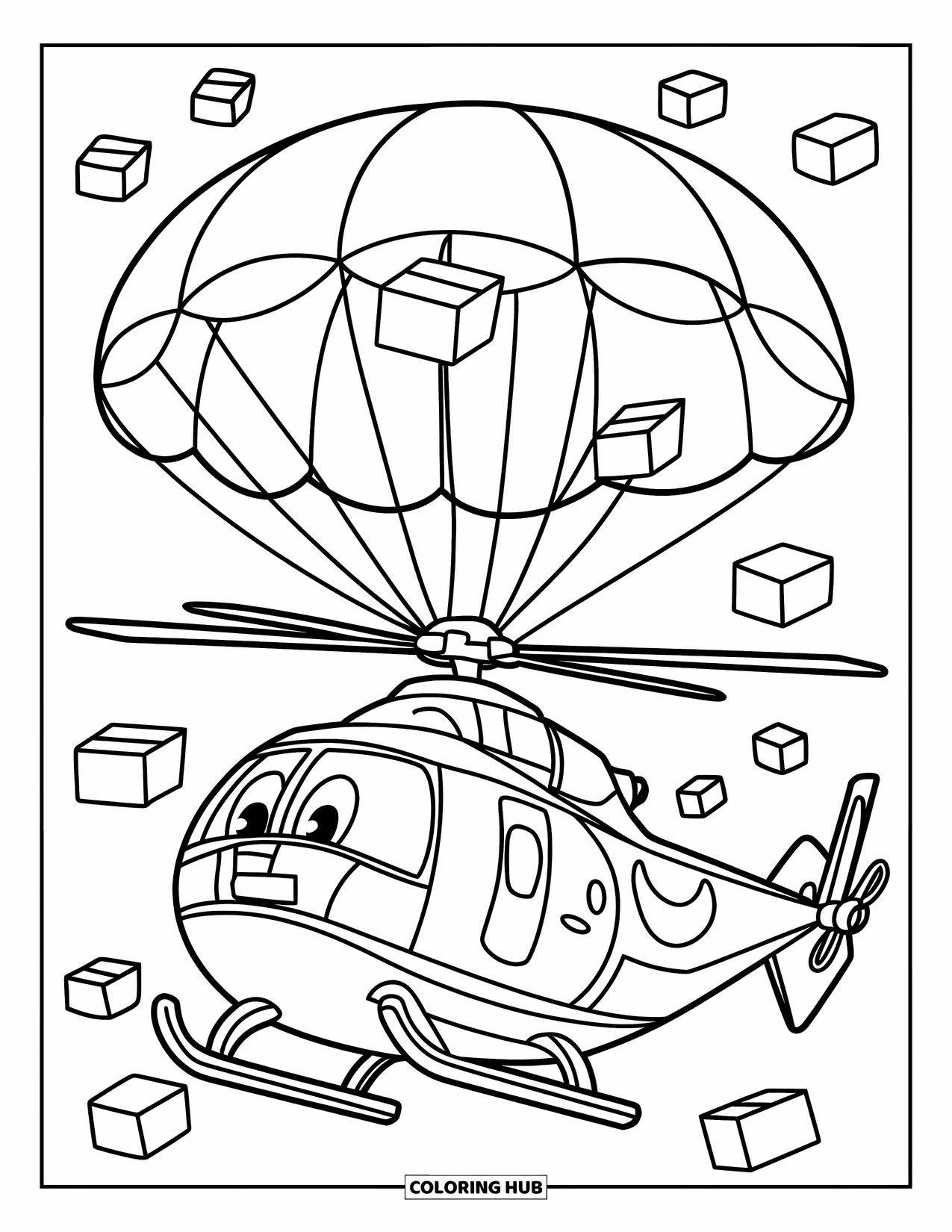 Desenho de helicóptero para colorir para crianças: Um helicóptero sorrindo liberando paraquedas com suprimentos, flutuando no ar