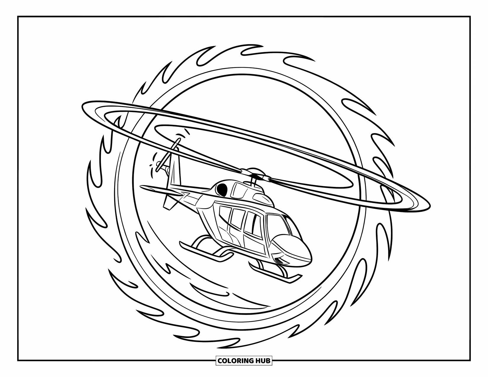 Desenho de helicóptero para colorir para crianças: Um helicóptero de acrobacias voa através de um anel de fogo, deixando um rastro de fumaça para trás