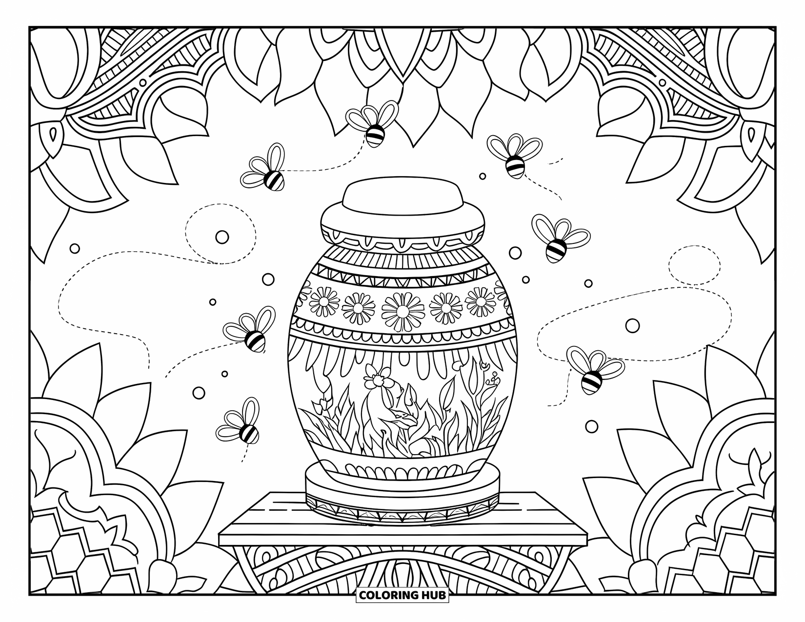 Dibujo de abeja para colorear para adultos: Un frasco de miel bellamente grabado con abejas y miel que fluye, creando una escena cálida y acogedora