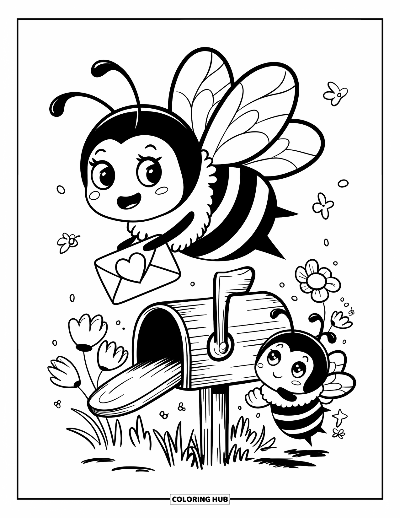 Dibujo de abeja para colorear para adultos: Una abeja vestida de mensajero lleva una pequeña carta de amor a su destino
