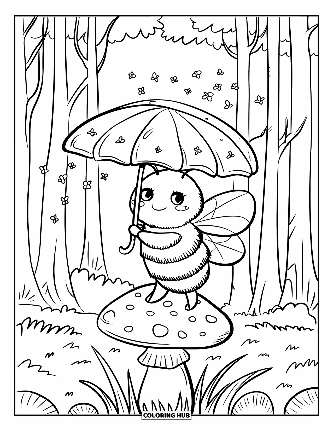 Dibujo de abeja para colorear para adultos: Una abeja sostiene una hoja de trébol sobre su cabeza, parada sobre un hongo en una suave brisa