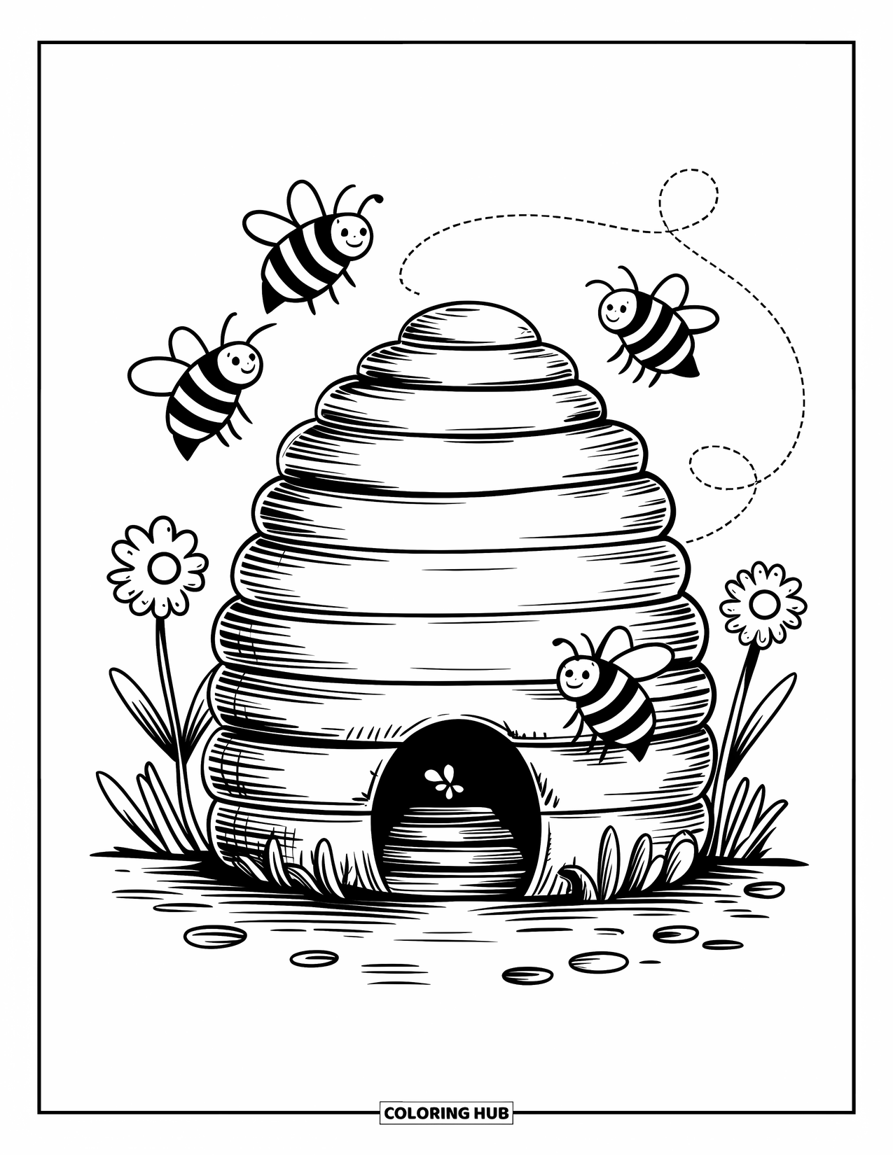 Dibujo de abeja para colorear para adultos: Una colmena se balancea suavemente de la rama de un árbol mientras las abejas revolotean alrededor de su hogar