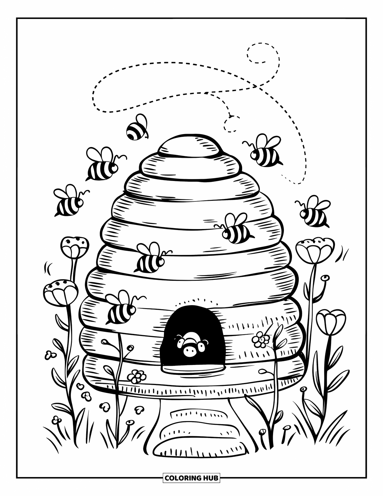 Dibujo de abeja para colorear para adultos: Una acogedora colmena cuelga de un árbol mientras pequeñas abejas zumban alegremente a su alrededor