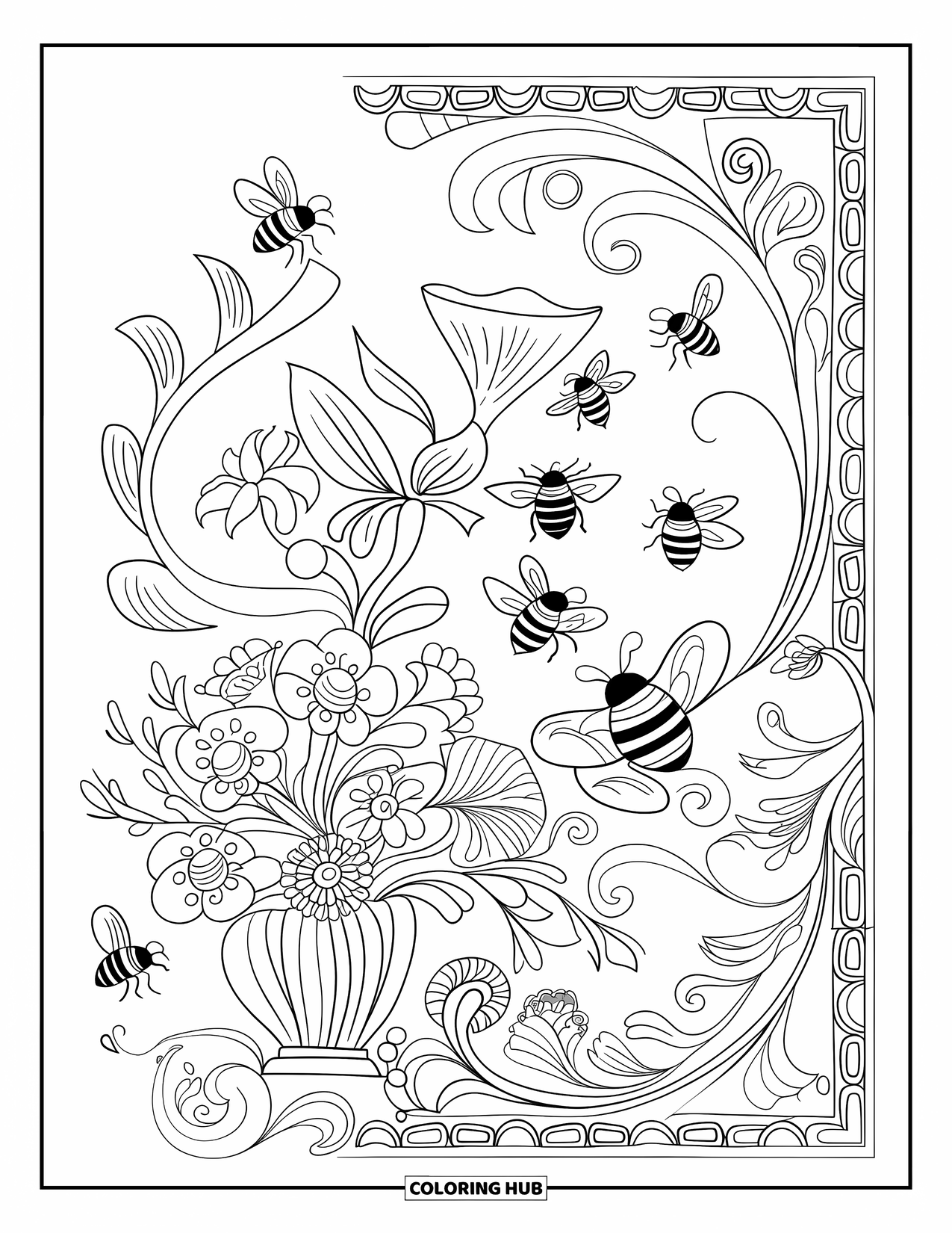 Dibujo de abeja para colorear para adultos: Un delicado jarrón floral con detalles arremolinados y abejas zumbando, perfecto para un momento sereno