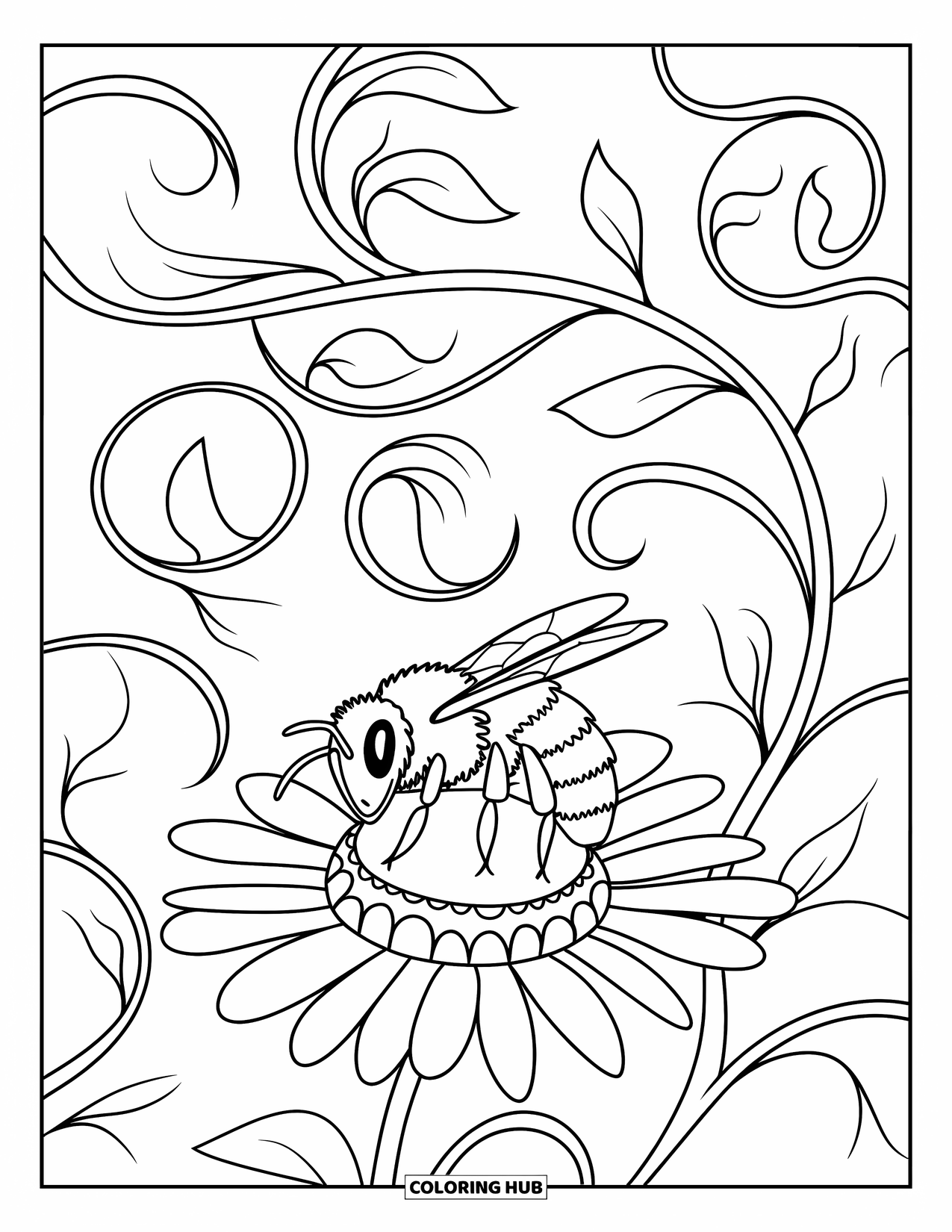 Dibujo de abeja para colorear para adultos: Una abeja gentil se posa en una flor, enmarcada por enredaderas arremolinadas y patrones delicados