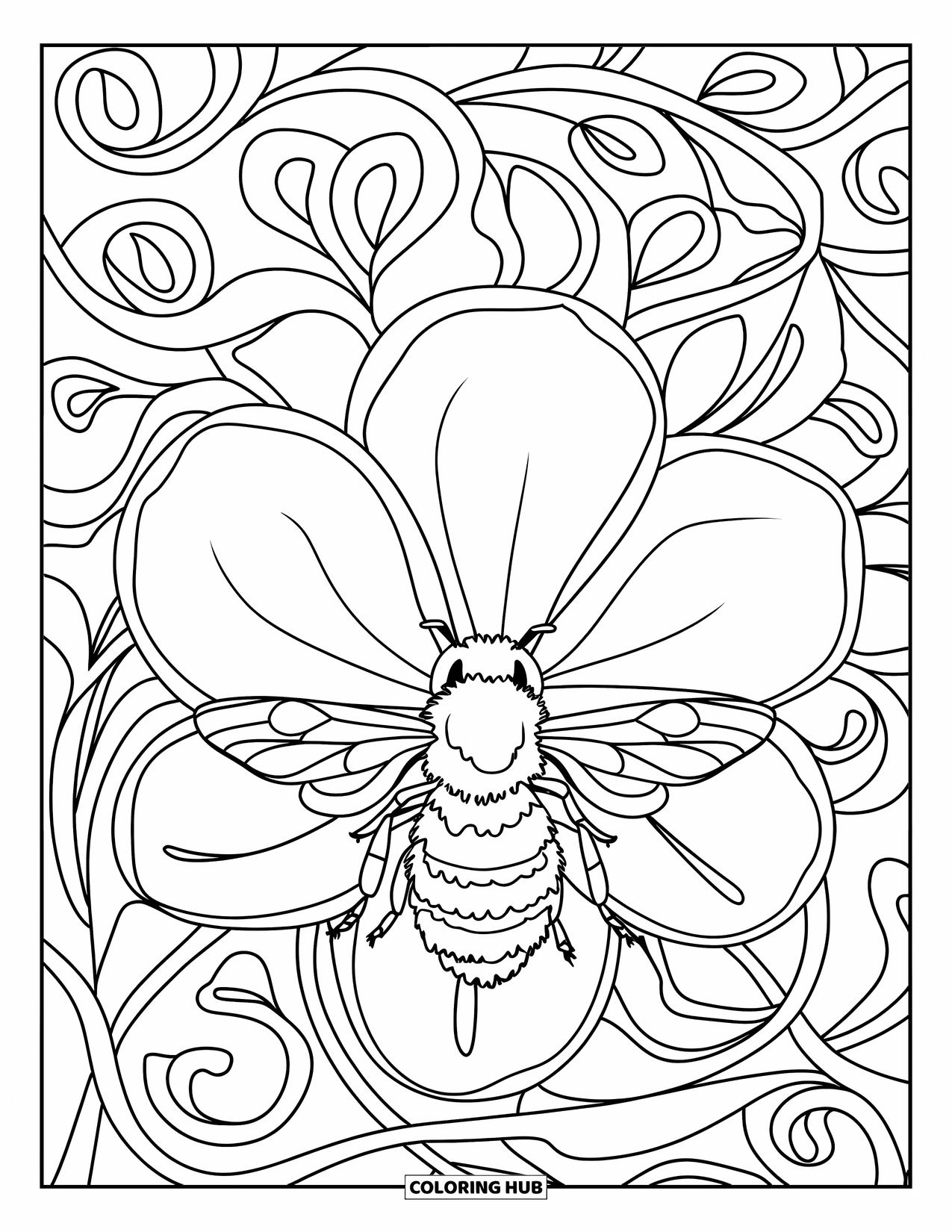 Dibujo de abeja para colorear para adultos: Una abeja elegante disfruta de un momento tranquilo en una flor, sobre un fondo de remolinos decorativos de ensueño