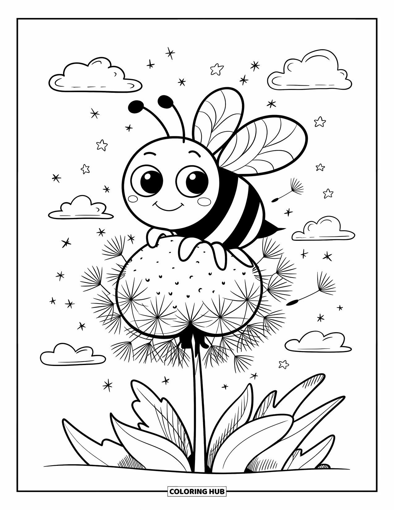 Dibujo de abeja para colorear para adultos: Una abeja feliz se aferra a una semilla de diente de león, flotando entre pequeñas semillas a la deriva