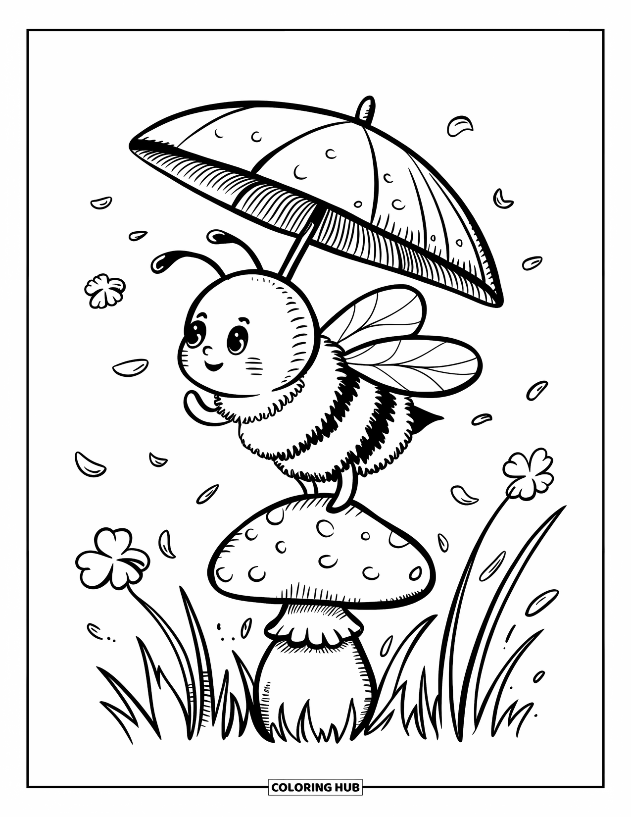 Dibujo de abeja para colorear para adultos: Una abeja feliz se protege con una hoja de trébol mientras los pétalos se desplazan en la brisa