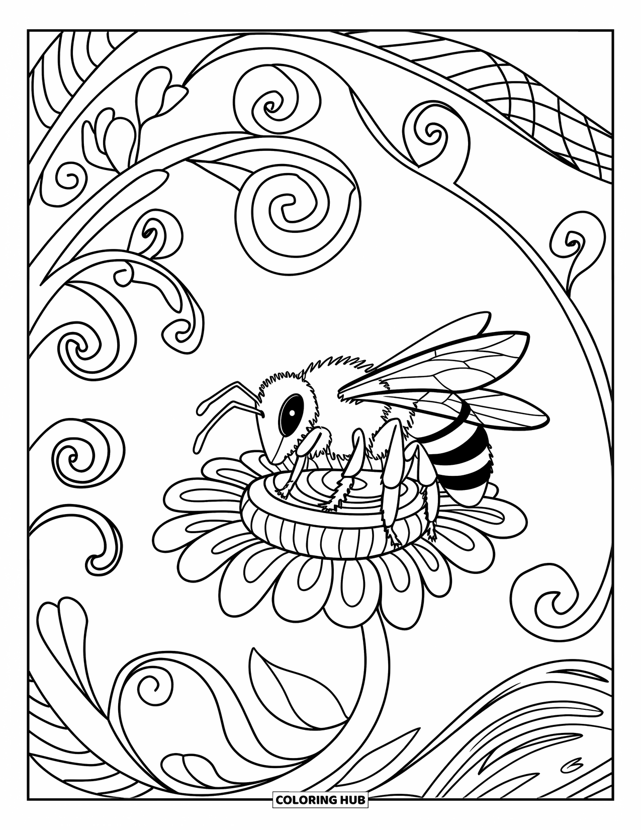 Dibujo de abeja para colorear para adultos: Una abeja reposa sobre una flor, rodeada de enredaderas fluidas y detalles intrincados