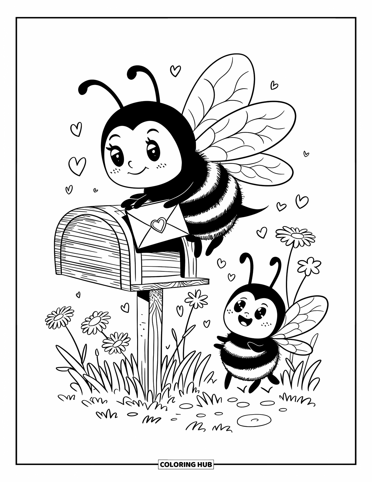 Dibujo de abeja para colorear para adultos: Una pequeña abeja entrega una nota de amor, mientras que otra abeja observa con entusiasmo