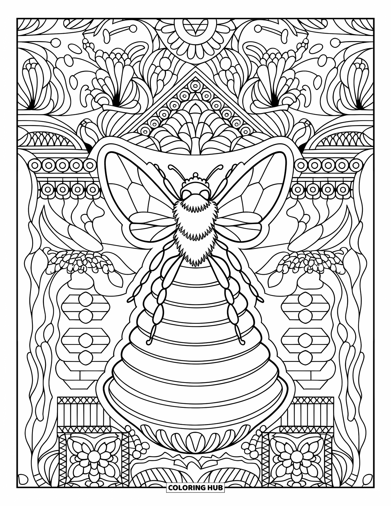 Dibujo de abeja para colorear para adultos: Una majestuosa abeja reina descansa en su trono, rodeada de elegantes diseños de panal
