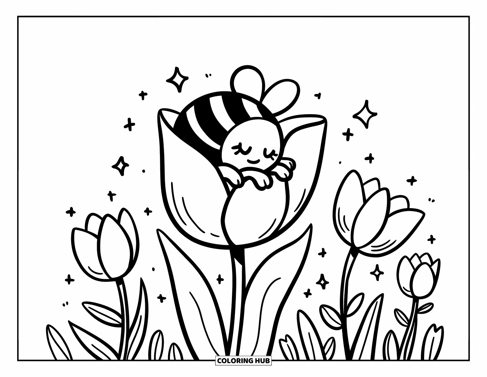 Dibujo de abeja para colorear para adultos: Una abeja somnolienta se acurruca dentro de un tulipán, rodeada de flores que se balancean y pequeñas chispas
