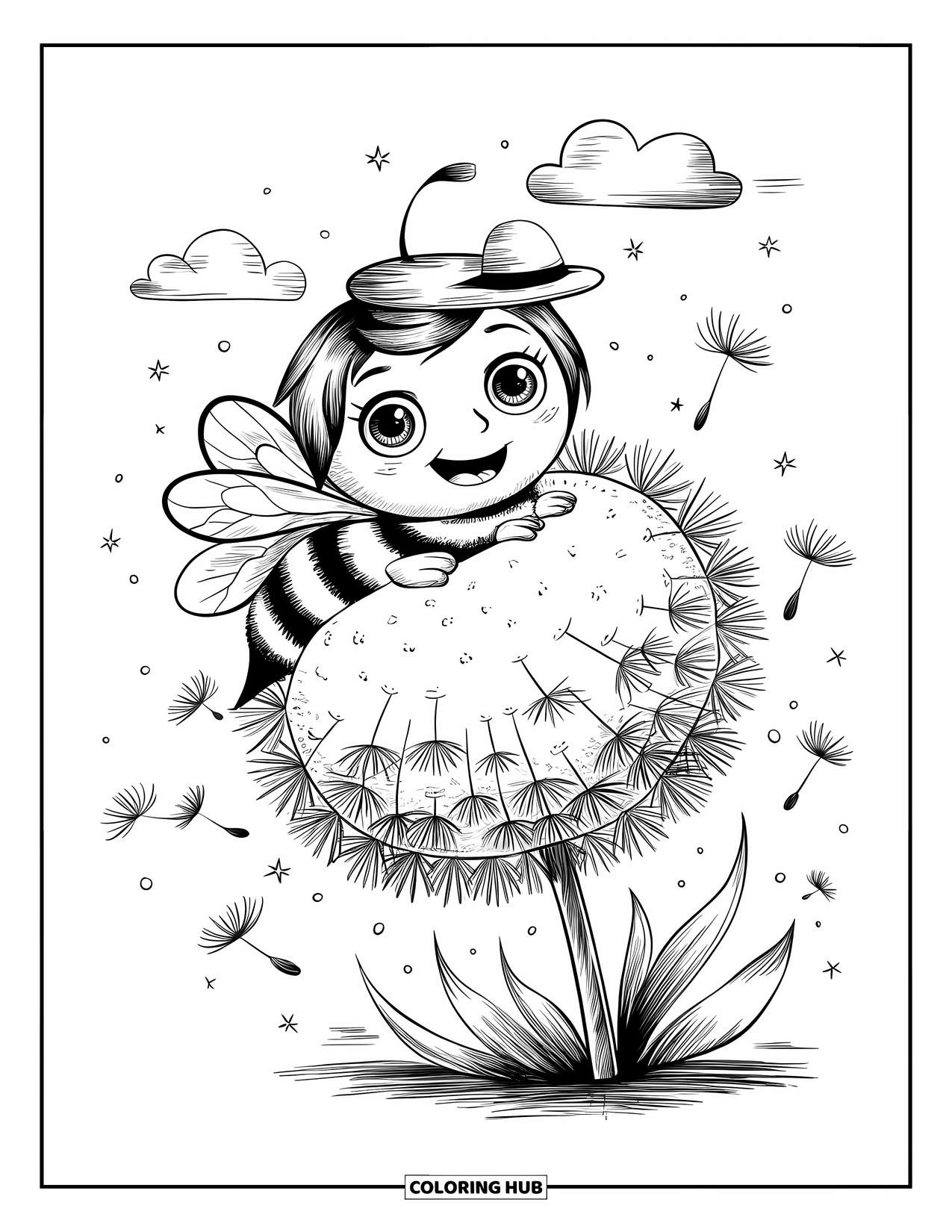 Dibujo de abeja para colorear para adultos: Una pequeña abeja se aferra a una semilla de diente de león, disfrutando del suave paseo por la brisa