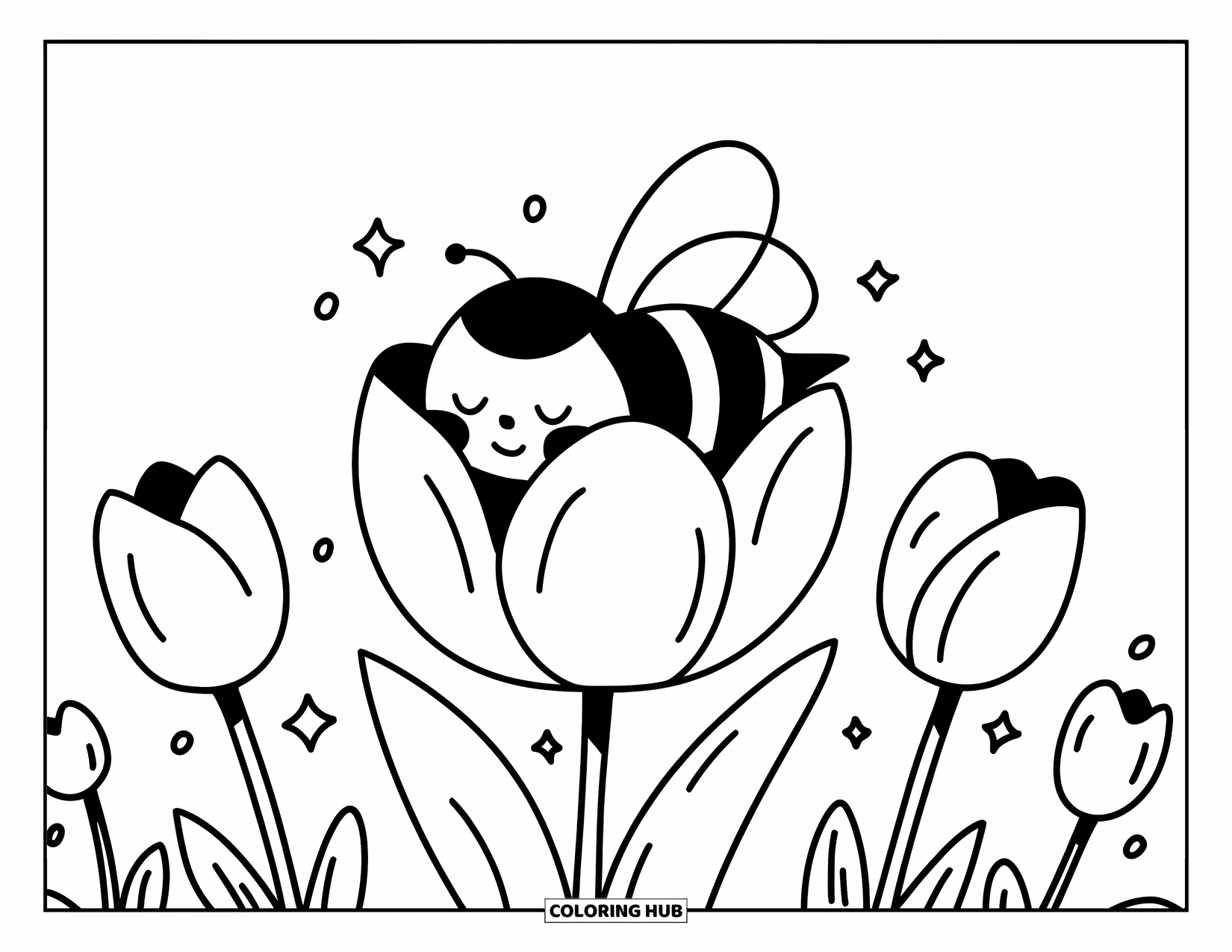 Dibujo de abeja para colorear para adultos: Una pequeña abeja asoma desde un tulipán, con los ojos pesados de sueño