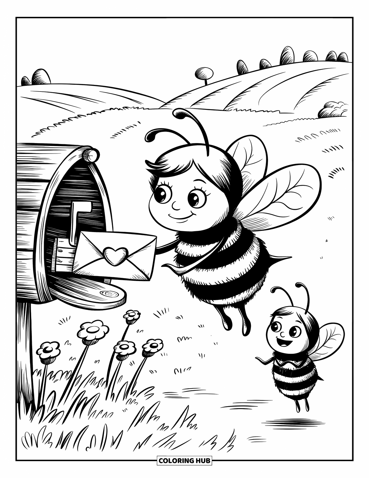 Dibujo de abeja para colorear para adultos: Una pequeña abeja con un sobre sellado con un corazón se posa en un buzón de madera