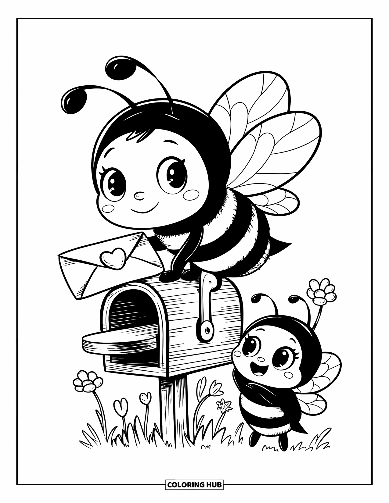 Dibujo de abeja para colorear para adultos: Una pequeña abeja mensajera lleva una carta de amor, volando hacia un buzón de madera