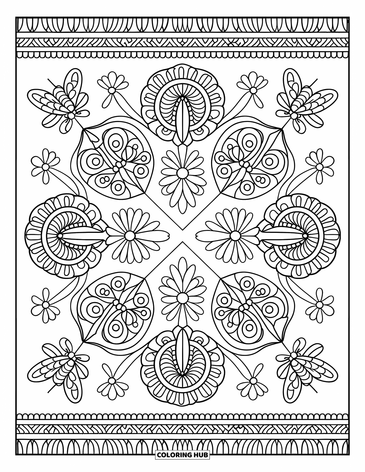 Dibujo de abeja para colorear para adultos: Una mezcla elegante de abejas, flores y enredaderas arremolinadas, creando una composición equilibrada