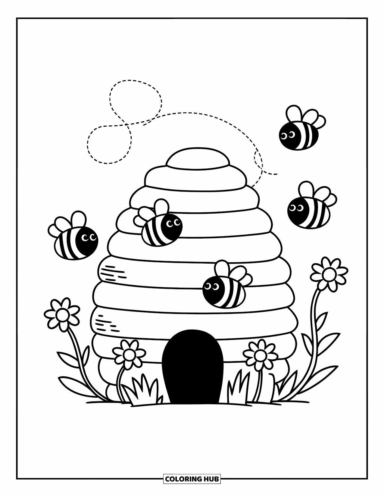 Dibujo de abeja para colorear para adultos: Las abejas zumban alrededor de una pequeña colmena, siguiendo un camino punteado por el aire