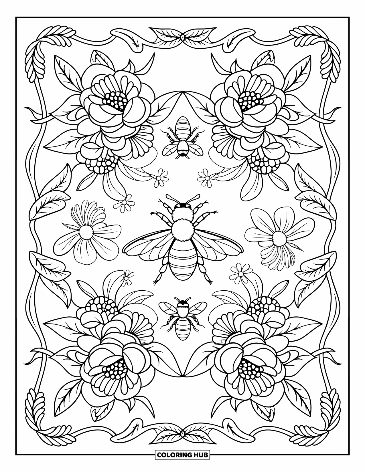 Dibujo de abeja para colorear para adultos: Las abejas exploran un patrón floral bellamente dispuesto, rodeado de delicados bordes de hojas