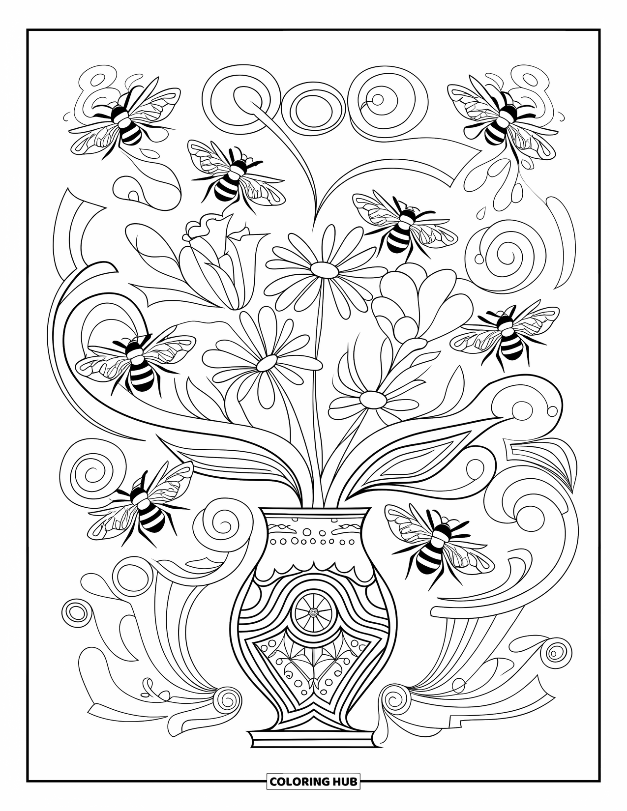 Dibujo de abeja para colorear para adultos: Las abejas revolotean entre flores y remolinos, creando una disposición pacífica y artística