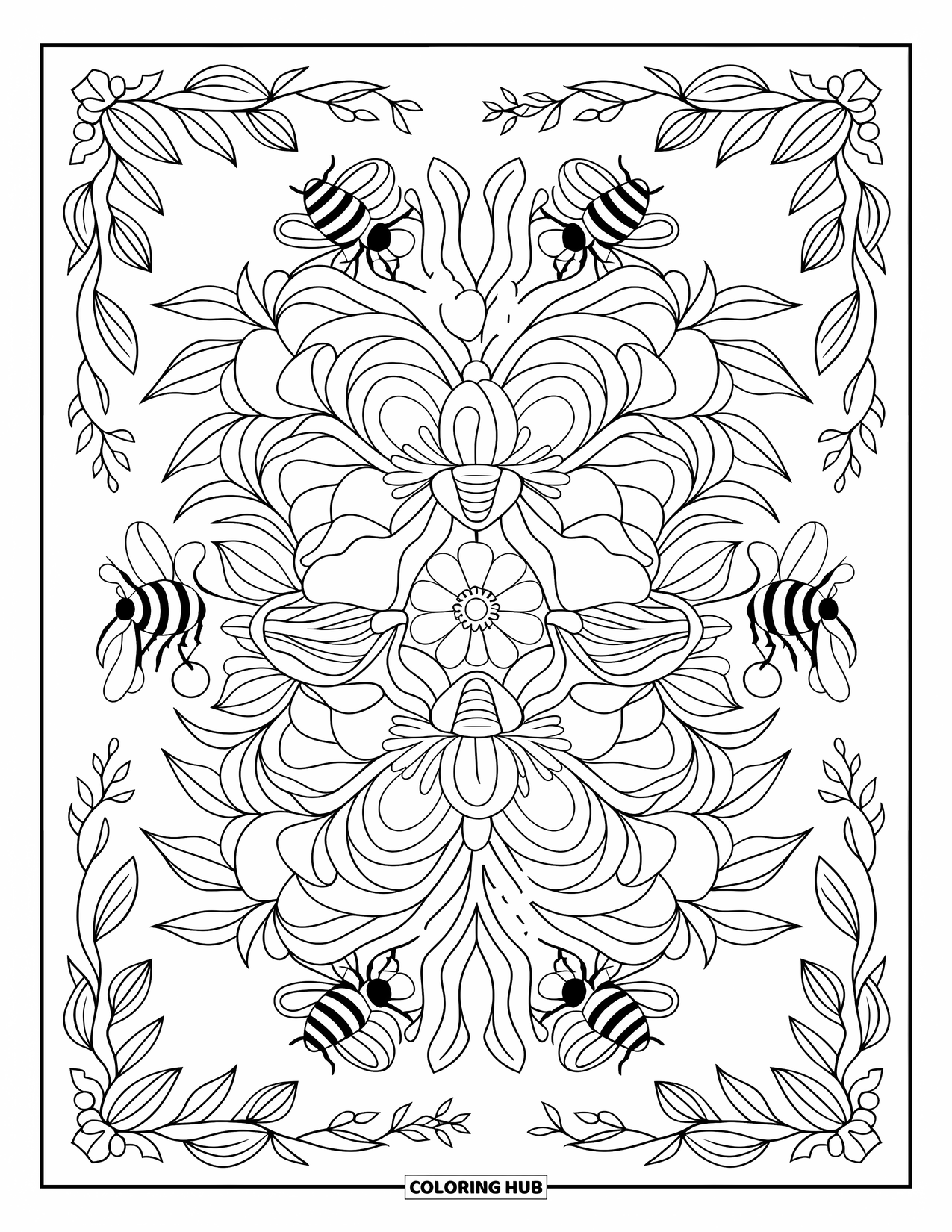 Dibujo de abeja para colorear para adultos: Las abejas revolotean alrededor de una escena floral simétrica, llena de rosas, lirios y margaritas