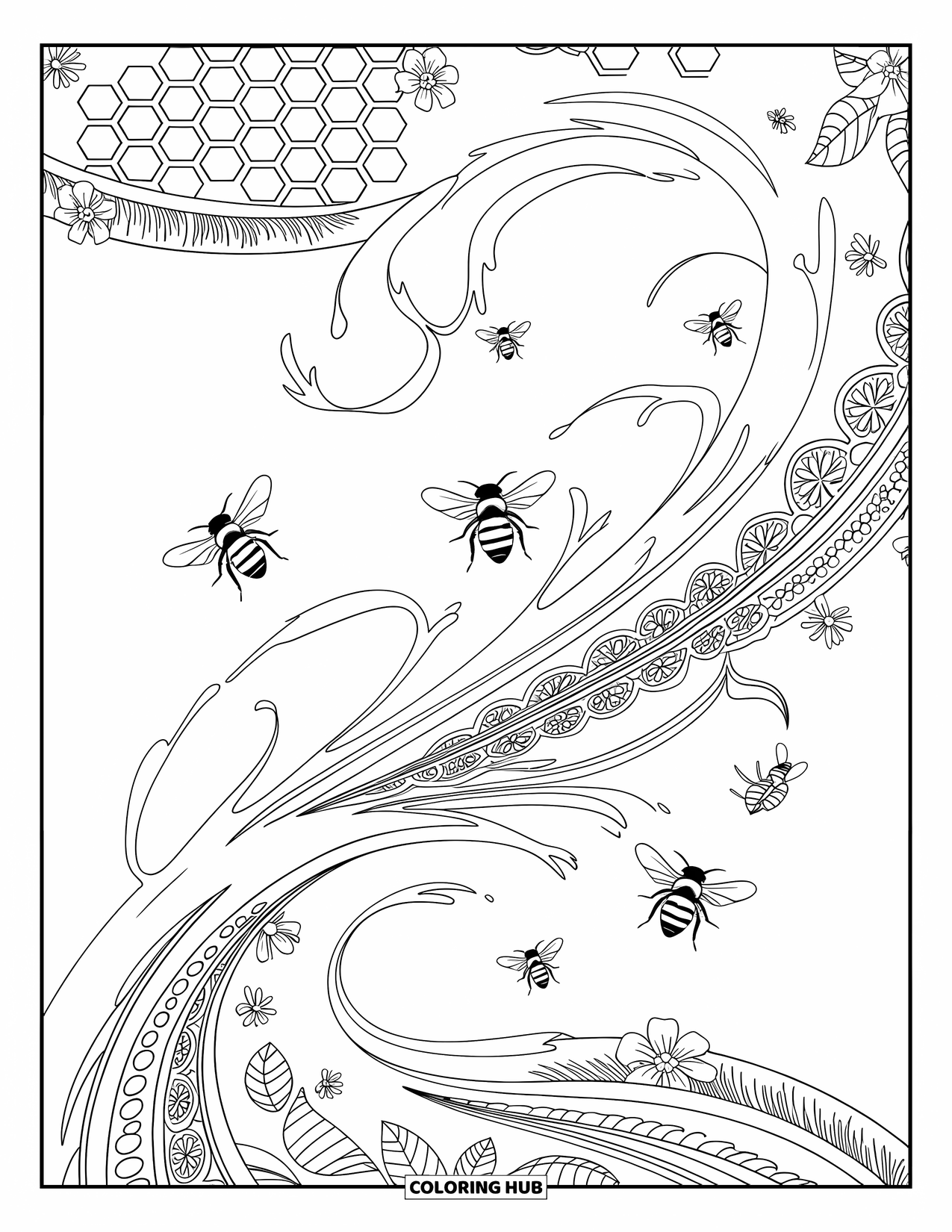 Dibujo de abeja para colorear para adultos: Las abejas se deslizan a través de un chapoteo de miel, enmarcadas por delicados elementos decorativos