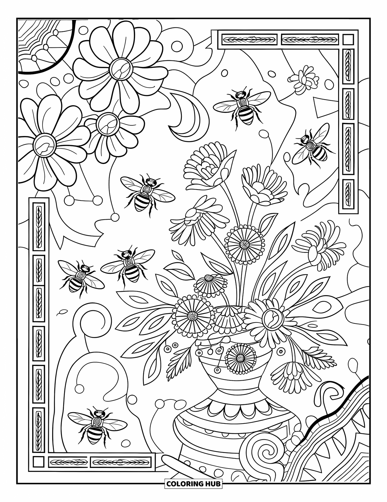 Dibujo de abeja para colorear para adultos: Las abejas revolotean sobre un encantador jarrón floral, enmarcado por elegantes enredaderas arremolinadas