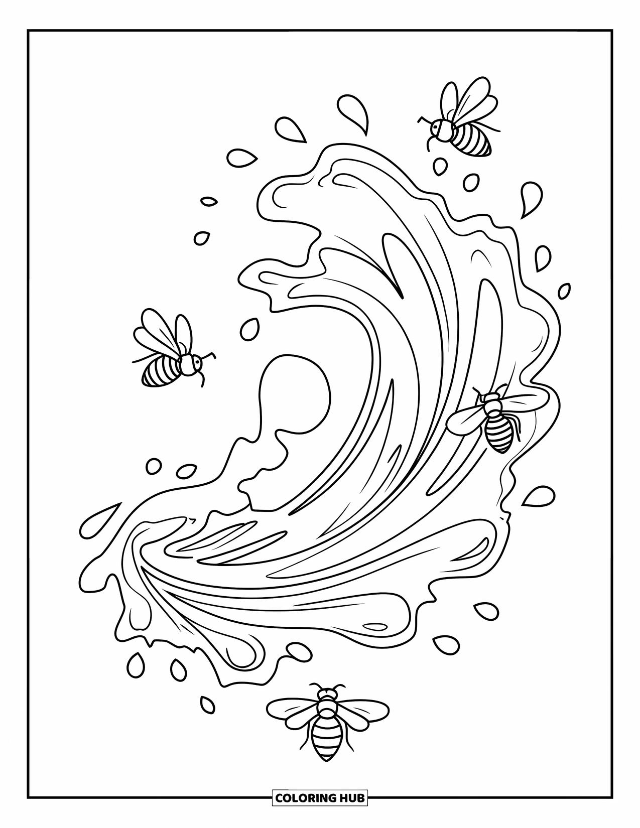 Dibujo de abeja para colorear para adultos: Las abejas giran alrededor de un chapoteo de miel, rodeadas de líneas fluidas artísticas