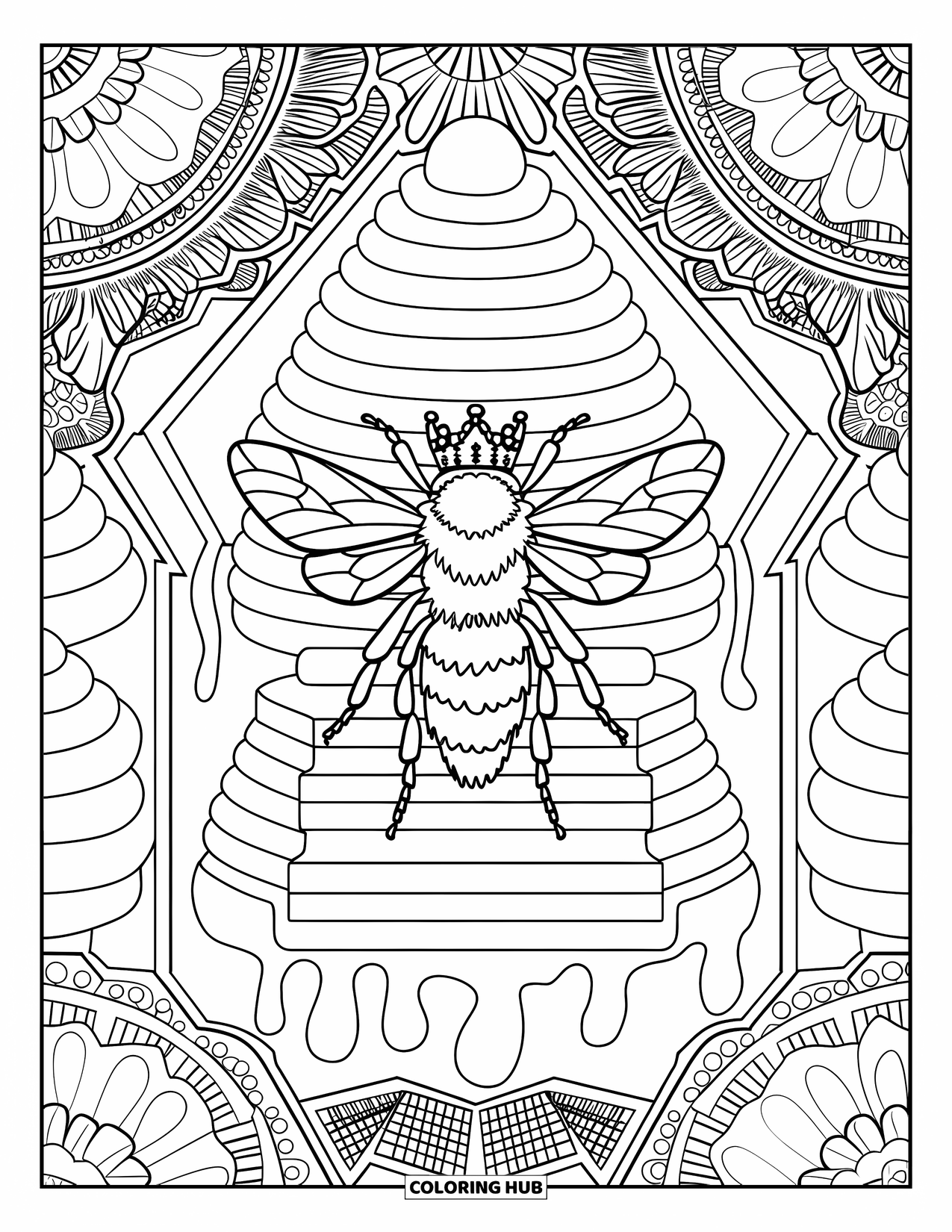 Dibujo de abeja para colorear para adultos: La abeja reina reina desde un gran trono de miel, enmarcada por patrones decorativos