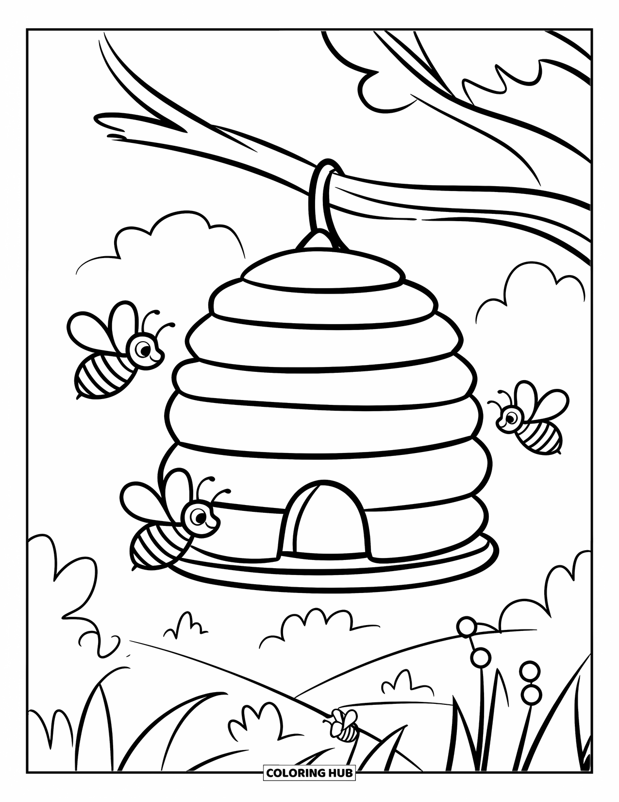 Dibujo de abeja para colorear para niños: Una colmena cuelga de una rama mientras algunas abejas zumbando vuelan a su alrededor