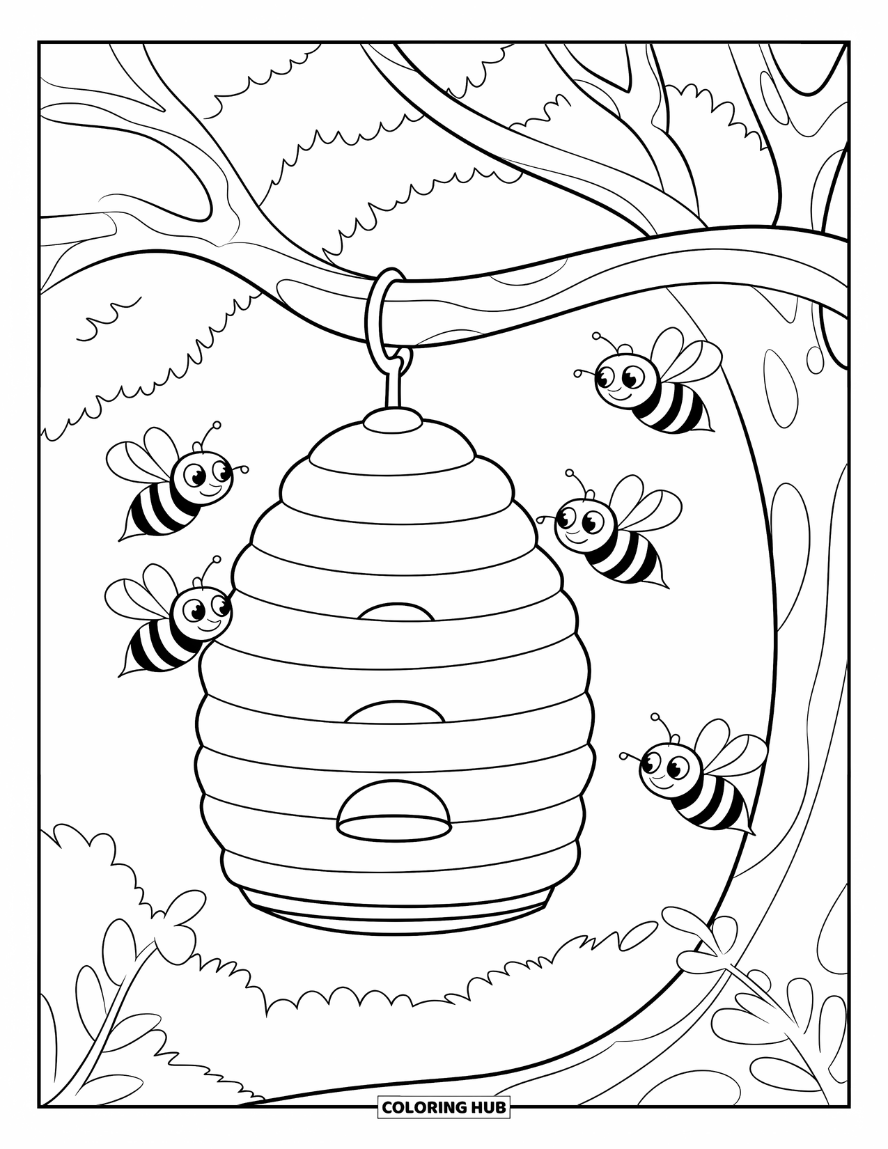 Dibujo de abeja para colorear para niños: Una colmena cuelga de la rama de un árbol mientras cinco abejas ocupadas zumban a su alrededor