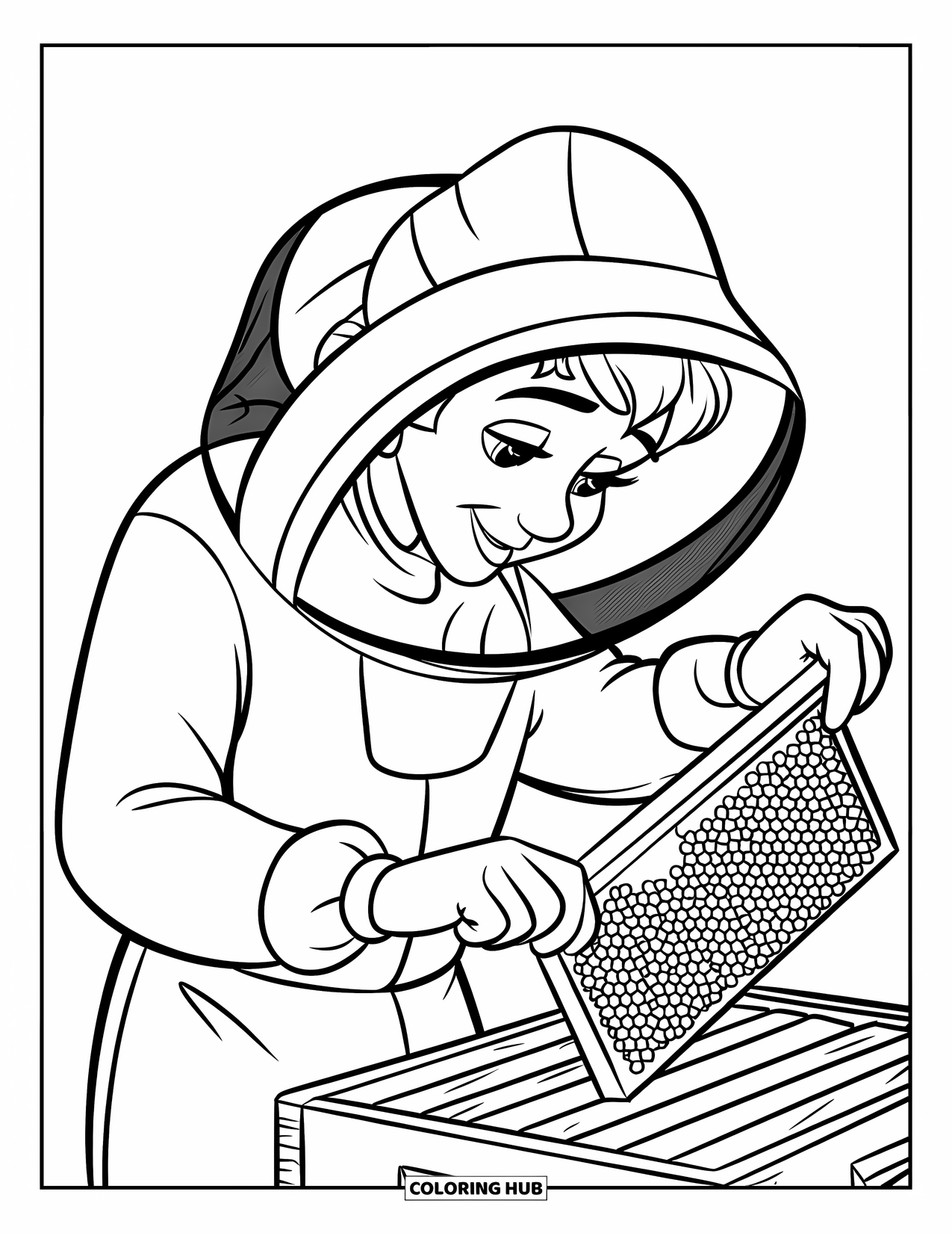 Dibujo de abeja para colorear para niños: Un apicultor con un traje protector examina cuidadosamente un panal lleno de abejas zumbando