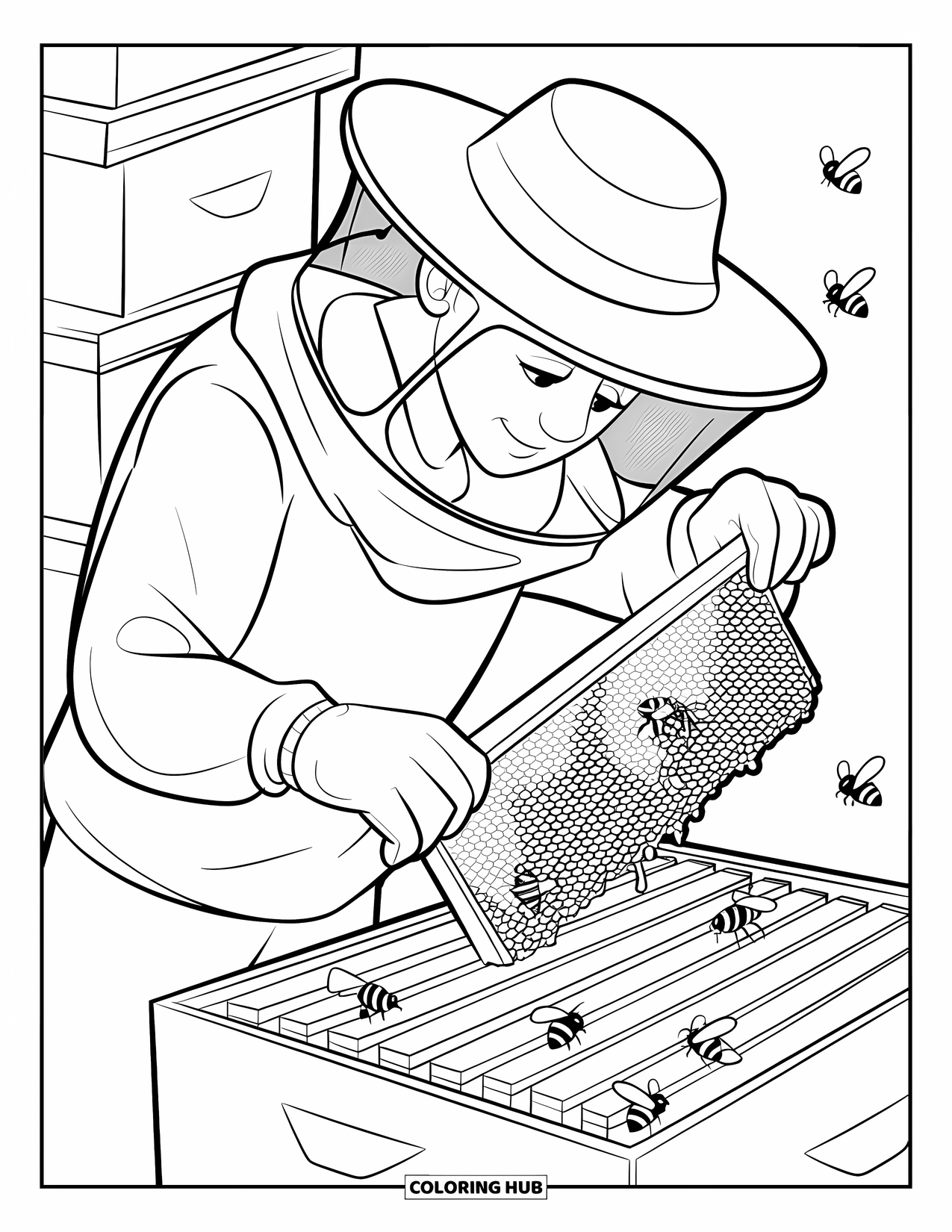 Dibujo de abeja para colorear para niños: Un apicultor inspecciona un marco de panal, asegurándose de que las abejas estén prosperando y saludables
