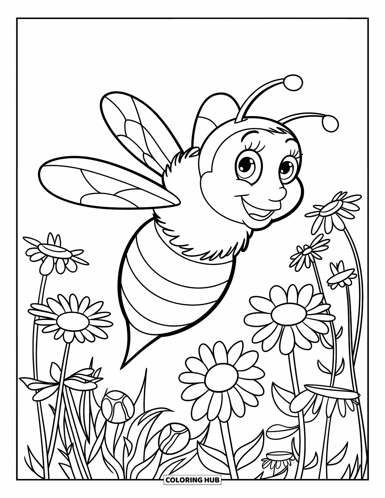 Dibujo de abeja para colorear para niños: Una abeja zumbando se desliza a través de un prado lleno de margaritas y flores silvestres en flor