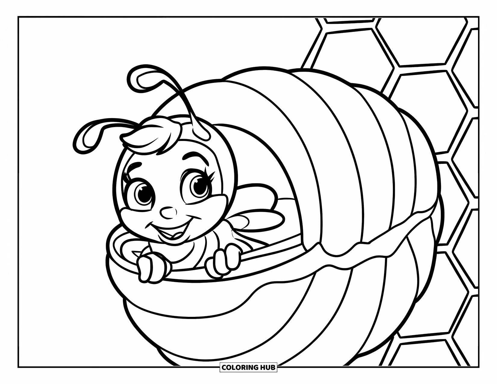 Dibujo de abeja para colorear para niños: Una alegre abeja asoma desde una celda de panal, saludando