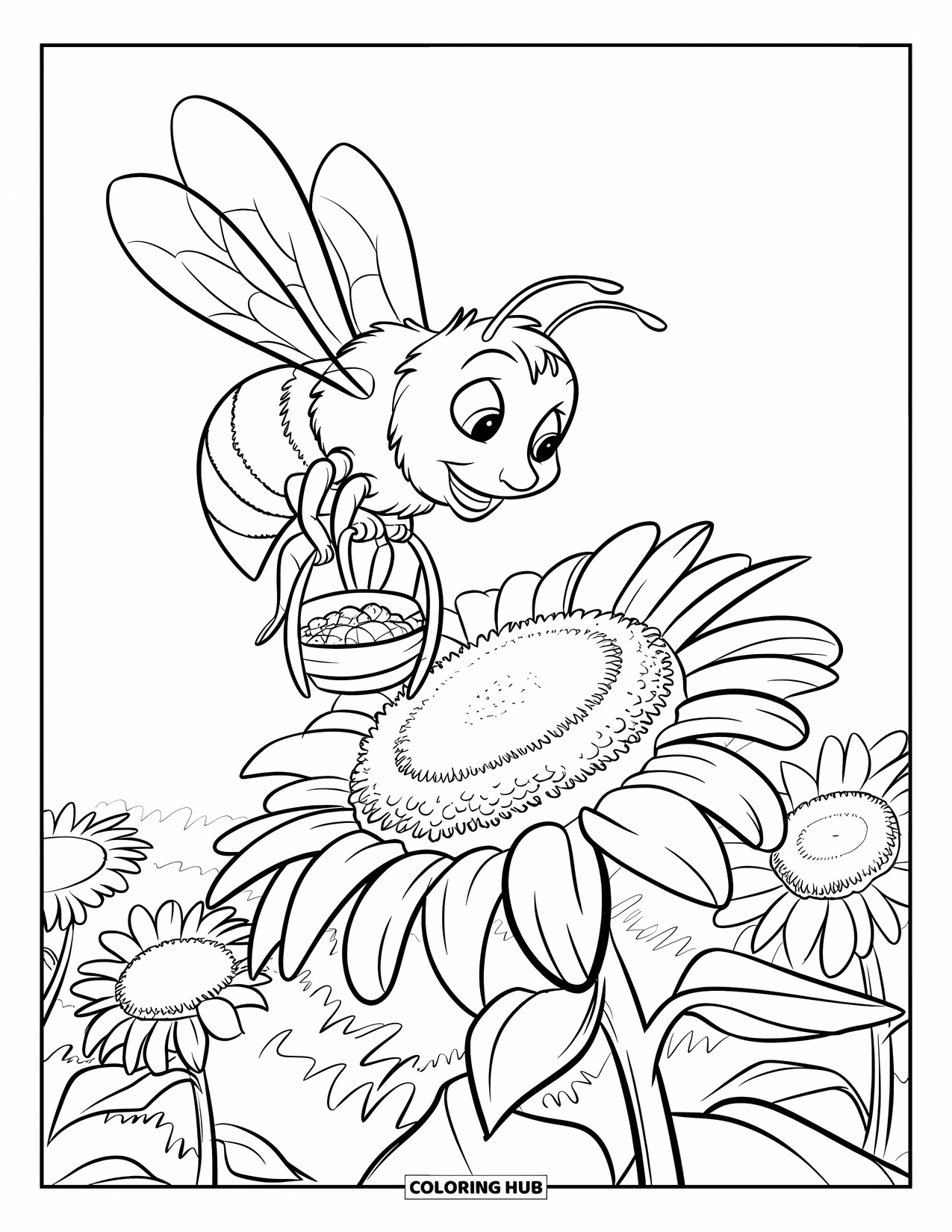 Dibujo de abeja para colorear para niños: Una alegre abeja con una cesta de polen aterriza suavemente en un girasol brillante