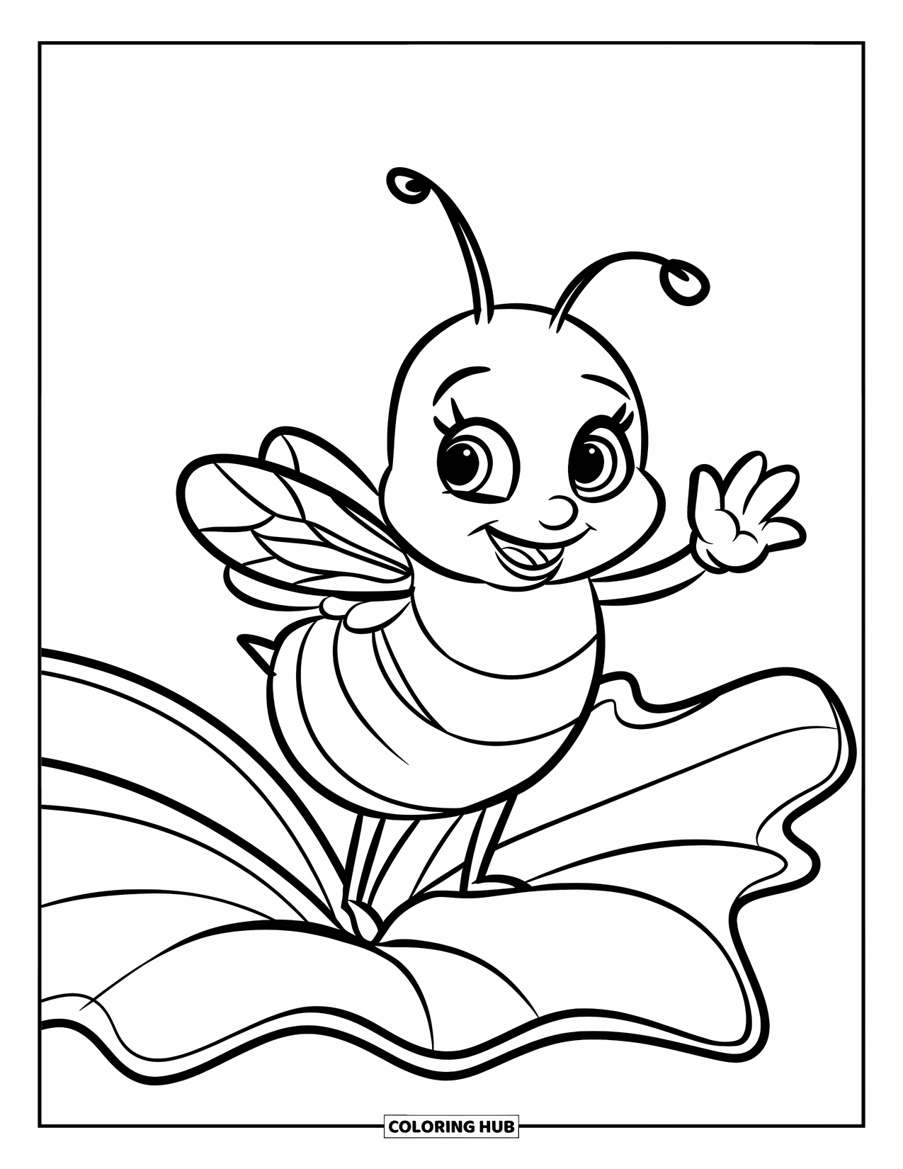 Dibujo de abeja para colorear para niños: Una abeja gordita se para sobre una hoja, agitando sus pequeños brazos con alegría
