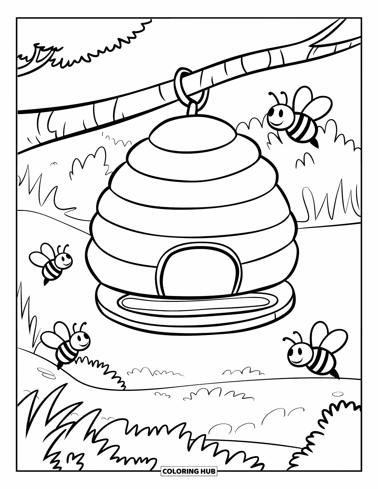 Dibujo de abeja para colorear para niños: Una acogedora colmena cuelga de un árbol mientras las abejas zumban alrededor de su hogar
