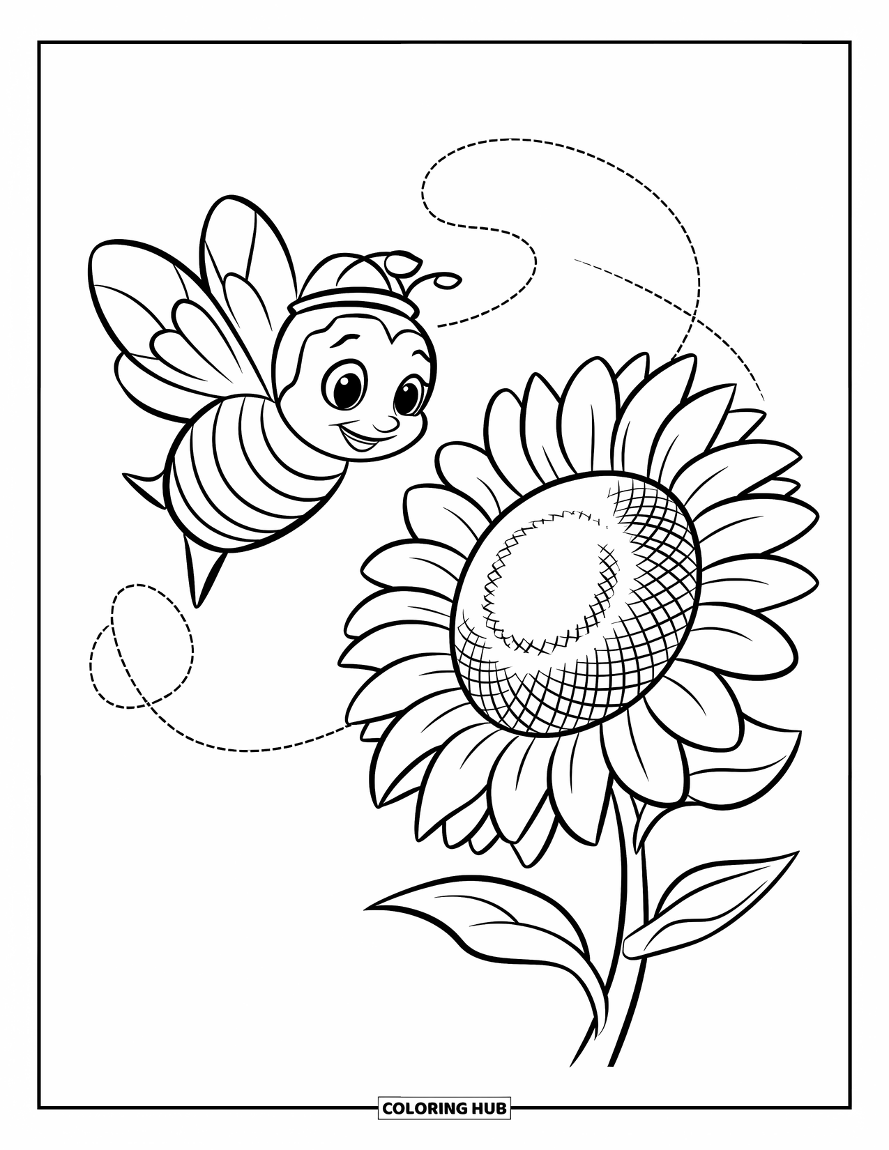 Dibujo de abeja para colorear para niños: Una linda abeja vuela en círculos alrededor de un girasol gigante, disfrutando del sol cálido
