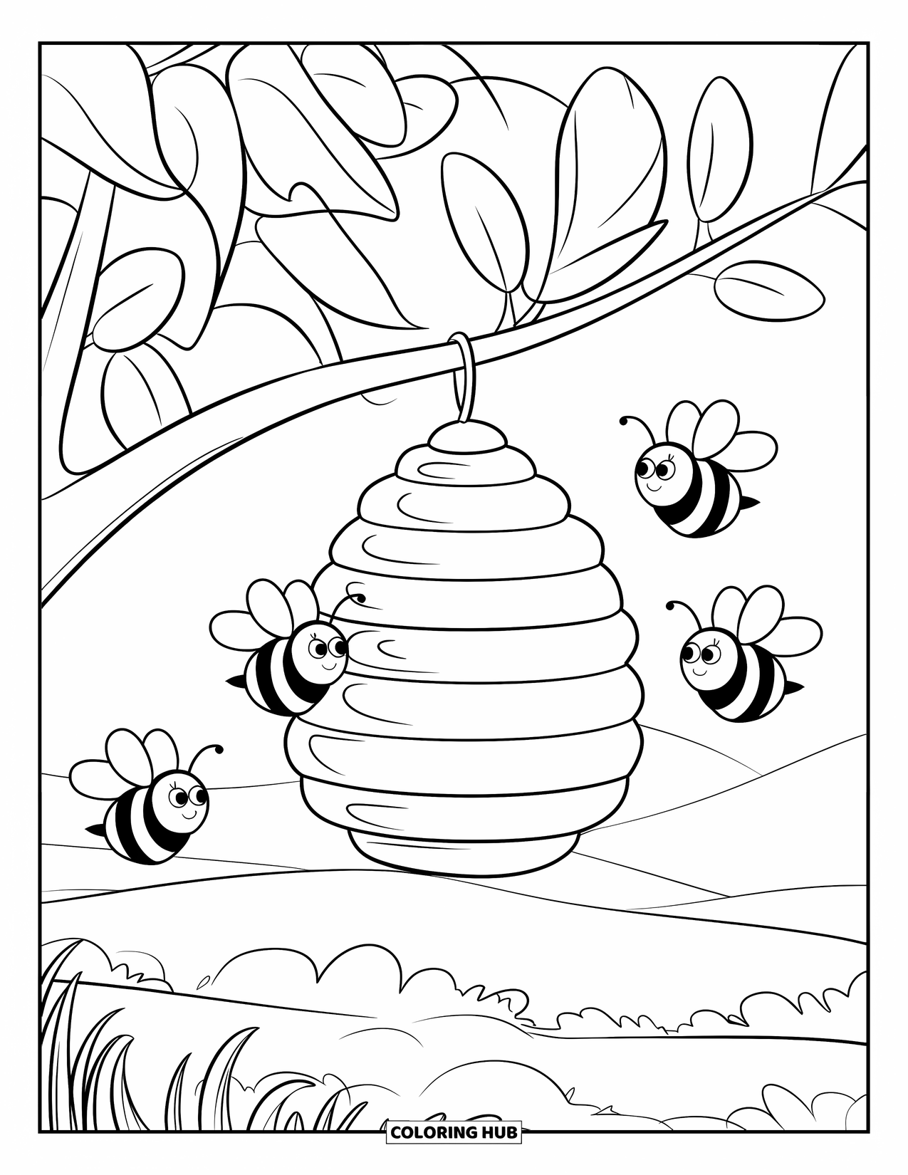 Dibujo de abeja para colorear para niños: Algunas abejas curiosas revolotean cerca de su colmena, escondida de forma segura debajo de una rama frondosa