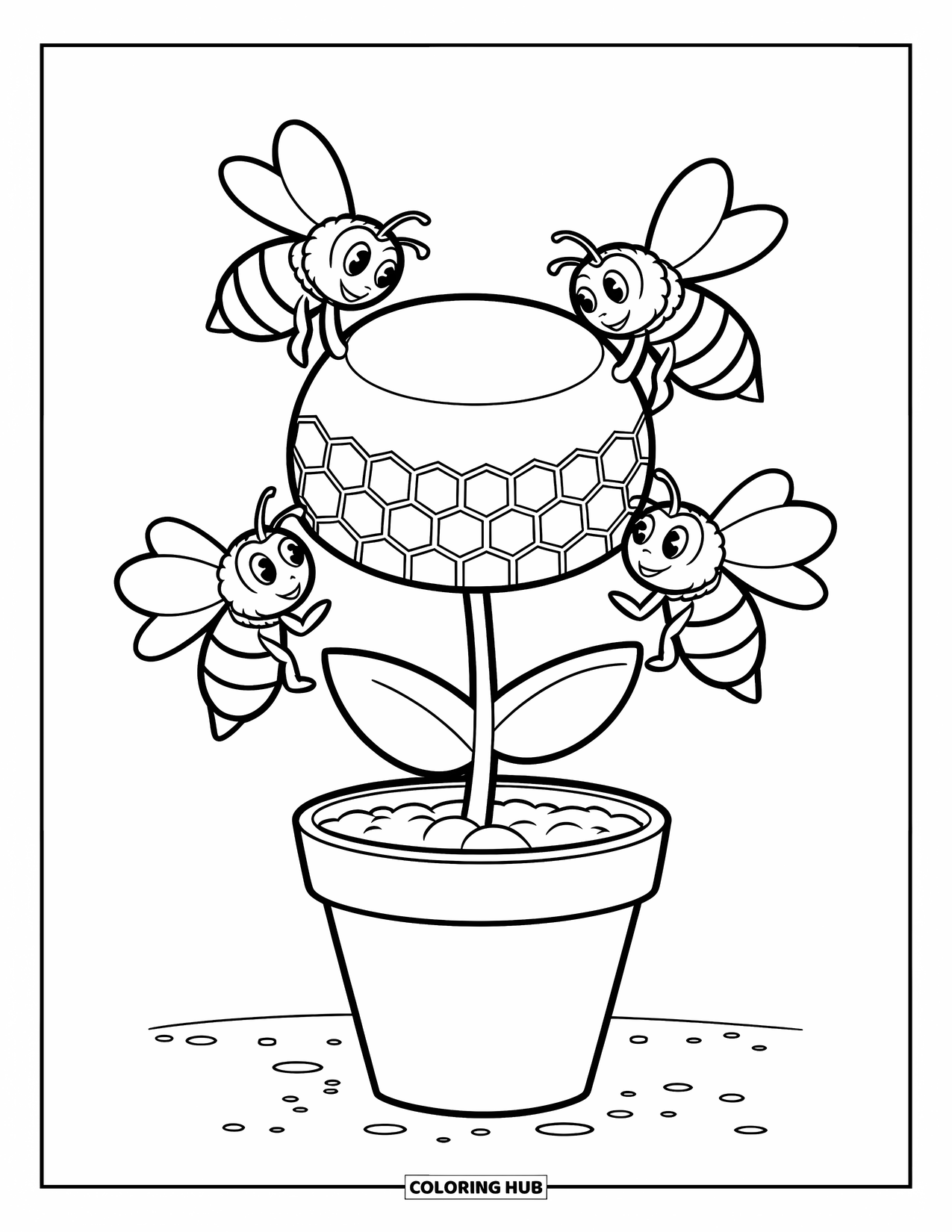 Dibujo de abeja para colorear para niños: Una flor con un centro de panal atrae a tres abejas que vuelan en perfecta armonía