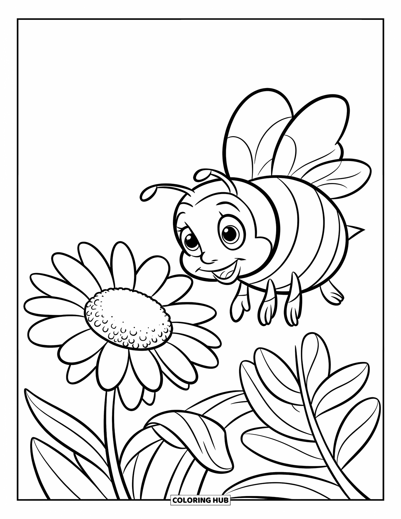 Dibujo de abeja para colorear para niños: Una abeja feliz se acerca a una margarita, atraída por su centro brillante y alegre