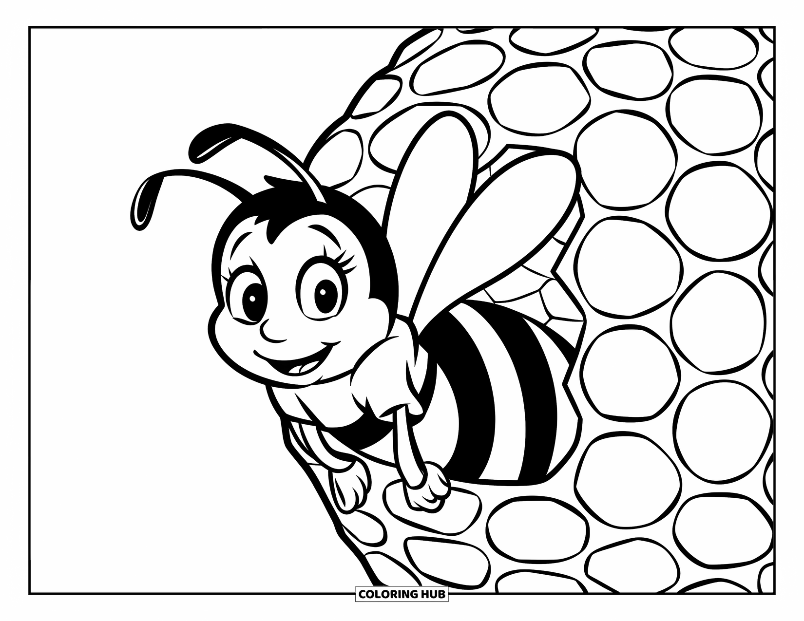 Dibujo de abeja para colorear para niños: Una abeja feliz asoma desde un panal, con sus ojos redondos llenos de emoción