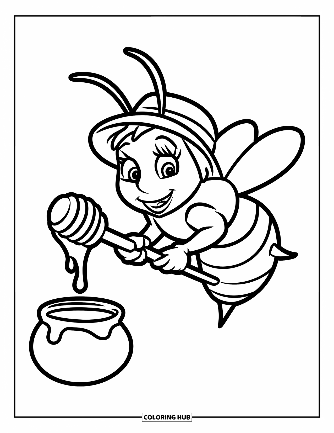 Dibujo de abeja para colorear para niños: Una abeja rocía miel dorada en una pequeña olla usando un cucharón de madera