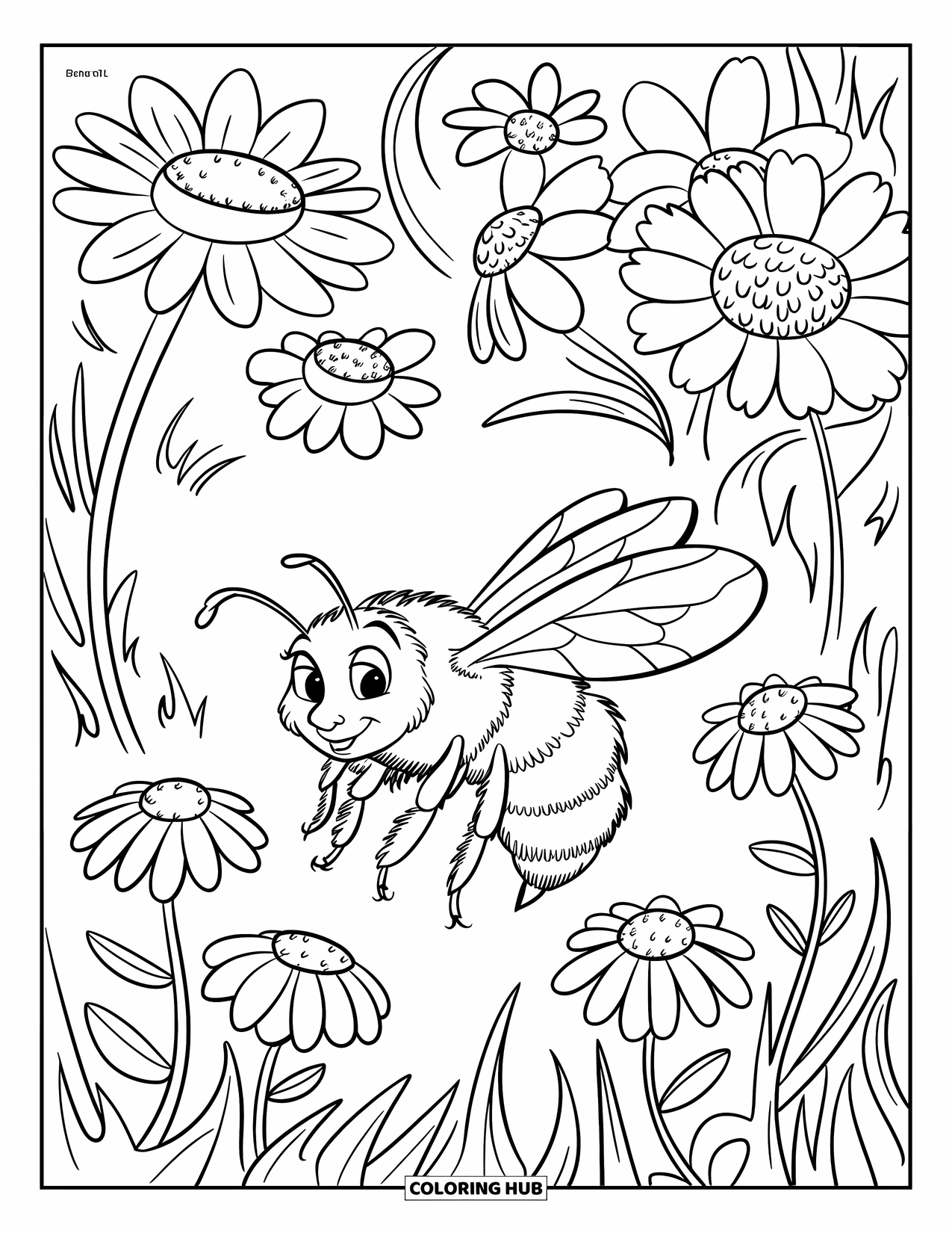 Dibujo de abeja para colorear para niños: Una abeja vuela sobre un campo de margaritas y flores silvestres, dirigiéndose hacia el espectador