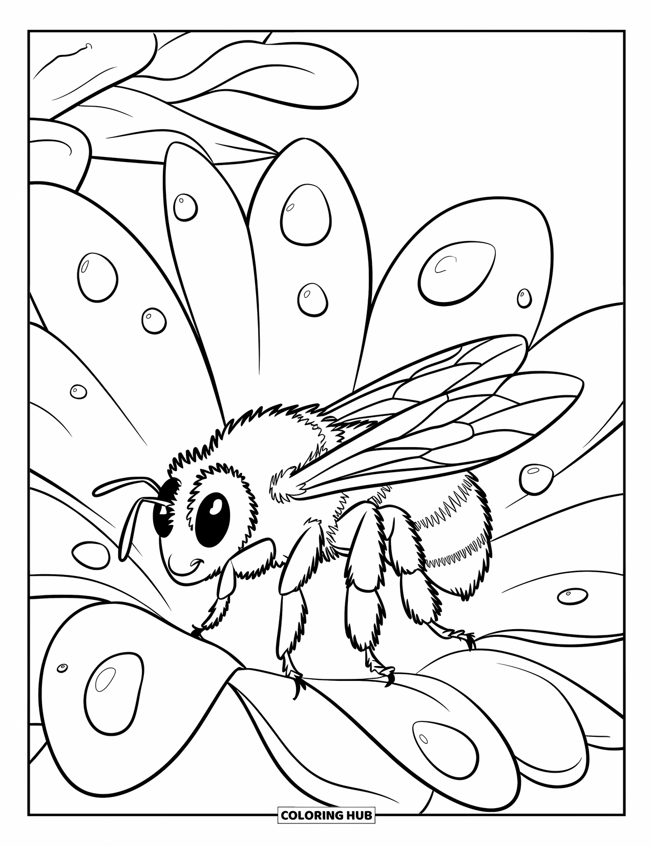 Dibujo de abeja para colorear para niños: Una abeja reposa sobre un pétalo, rodeada de gotas de rocío que brillan a la luz de la mañana