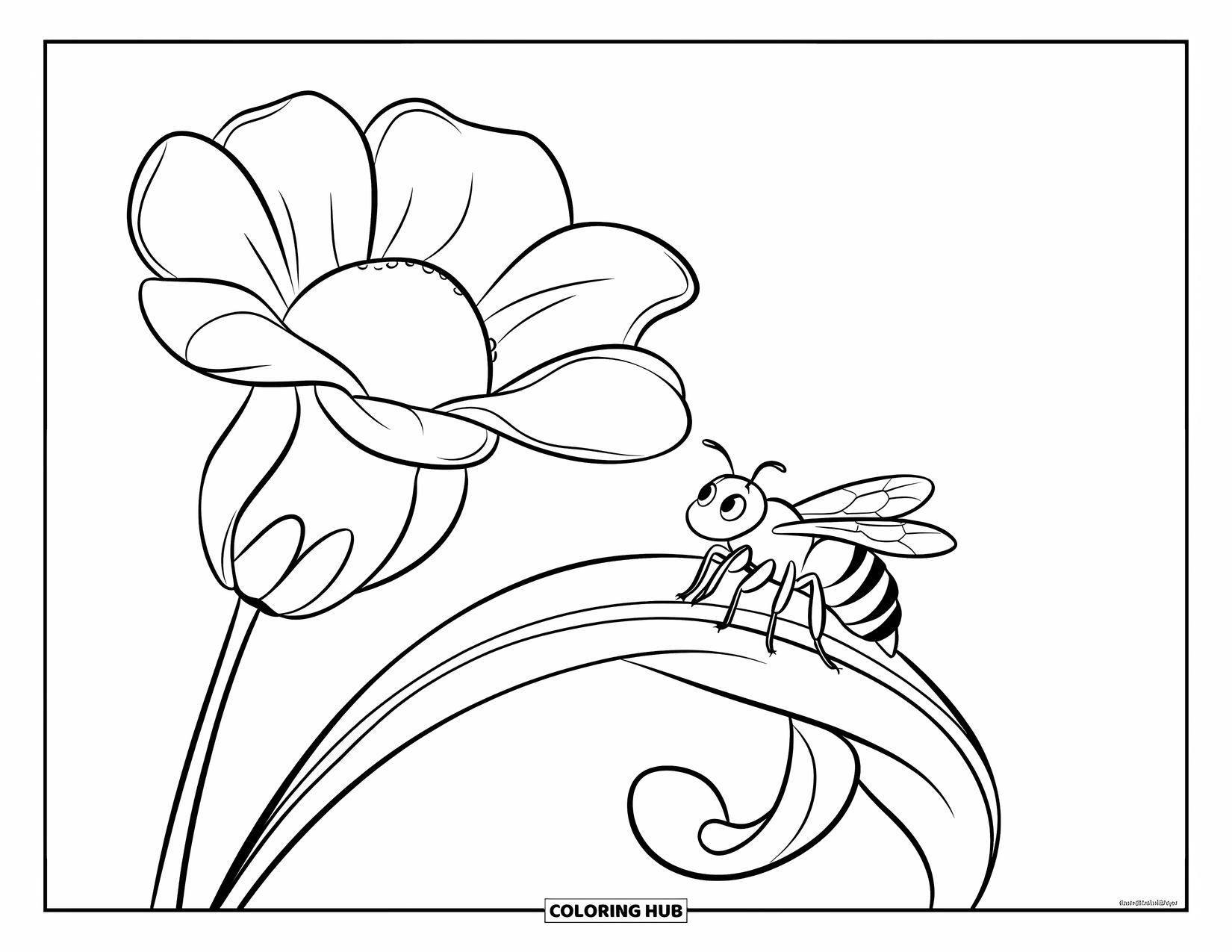 Dibujo de abeja para colorear para niños: Una abeja se sienta en una hoja rizada, admirando la flor grande y brillante de arriba
