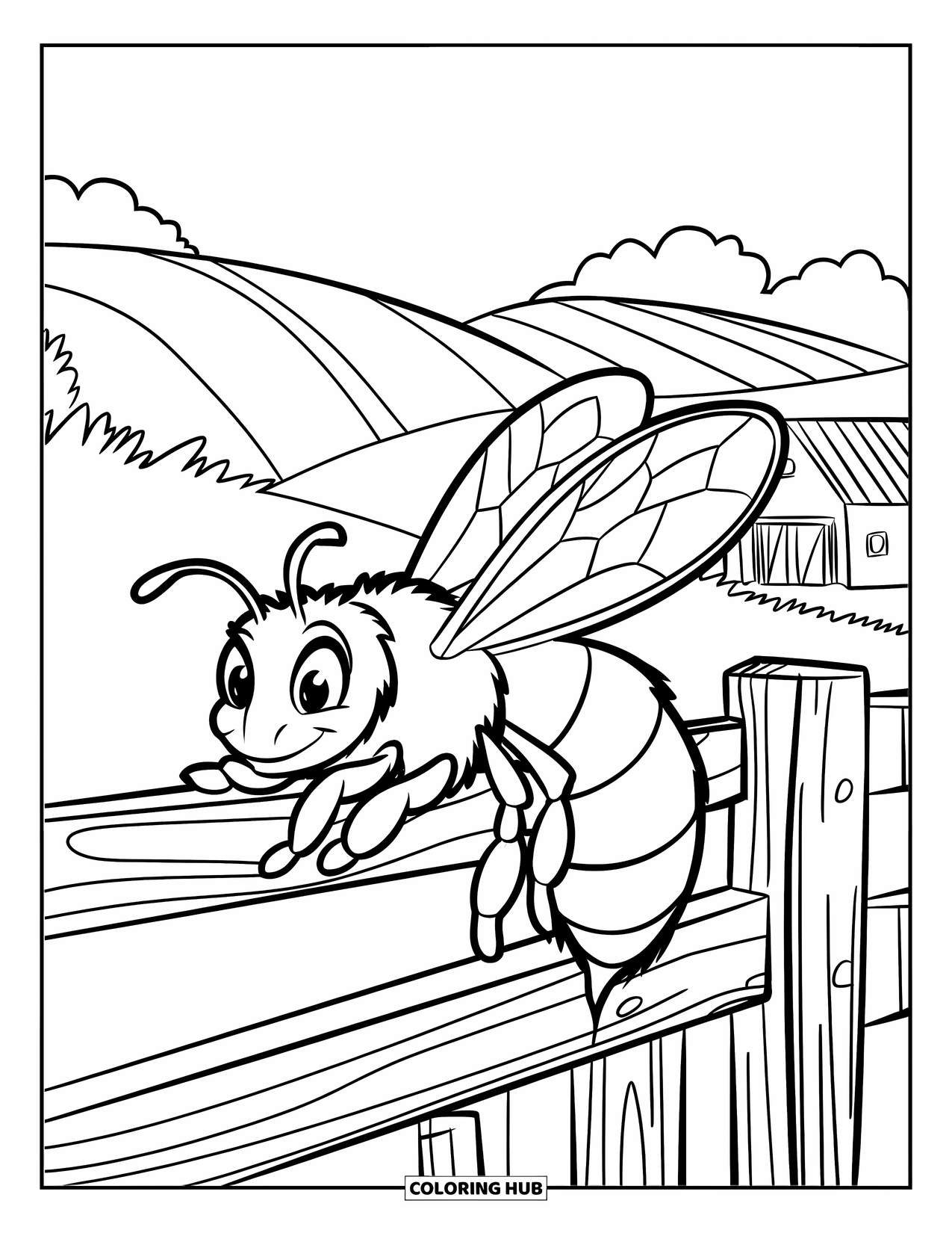 Dibujo de abeja para colorear para niños: Una abeja se sienta en una cerca de madera, rodeada de colinas onduladas y un granero rojo distante