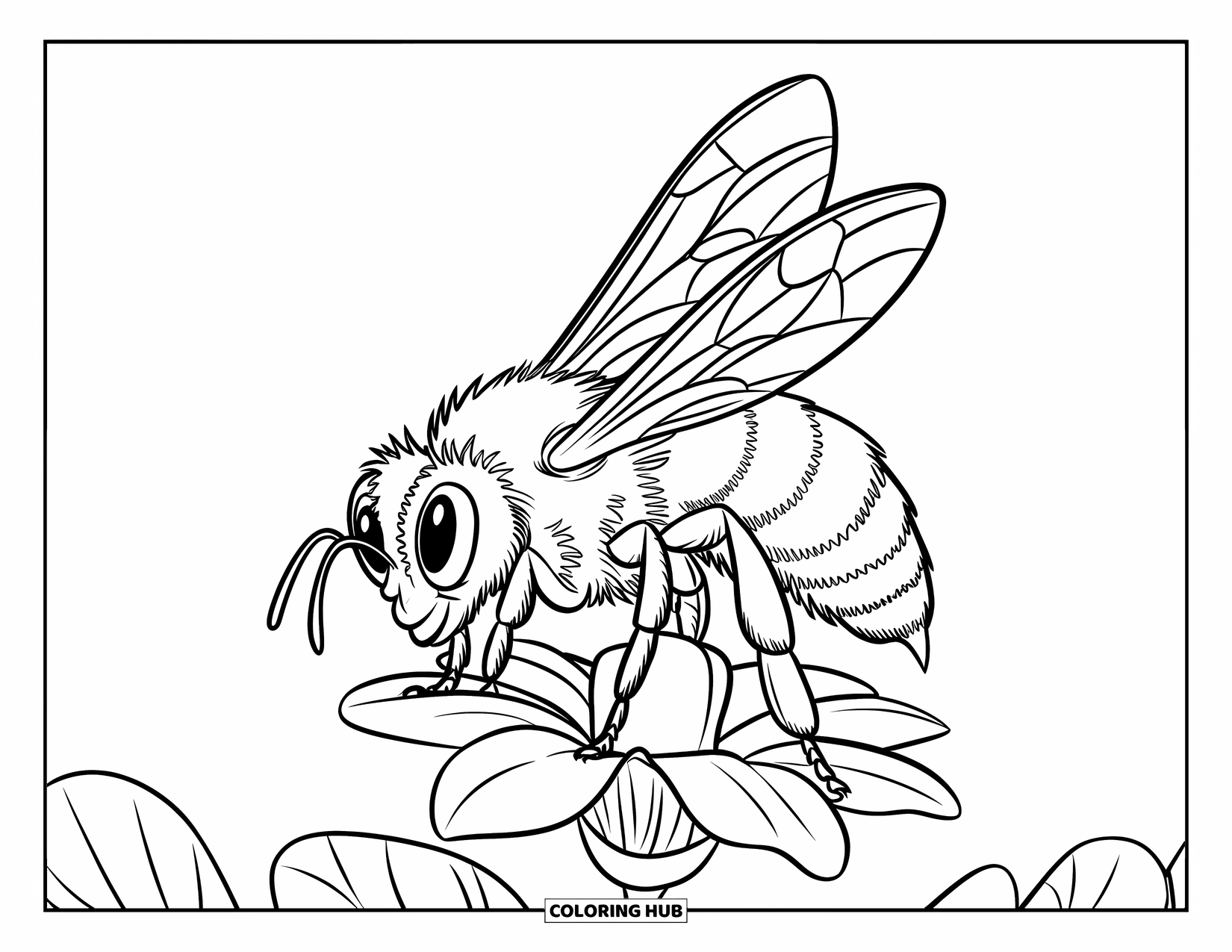 Dibujo de abeja para colorear para niños: Una abeja con alas delicadas descansa sobre una flor, disfrutando del momento de tranquilidad