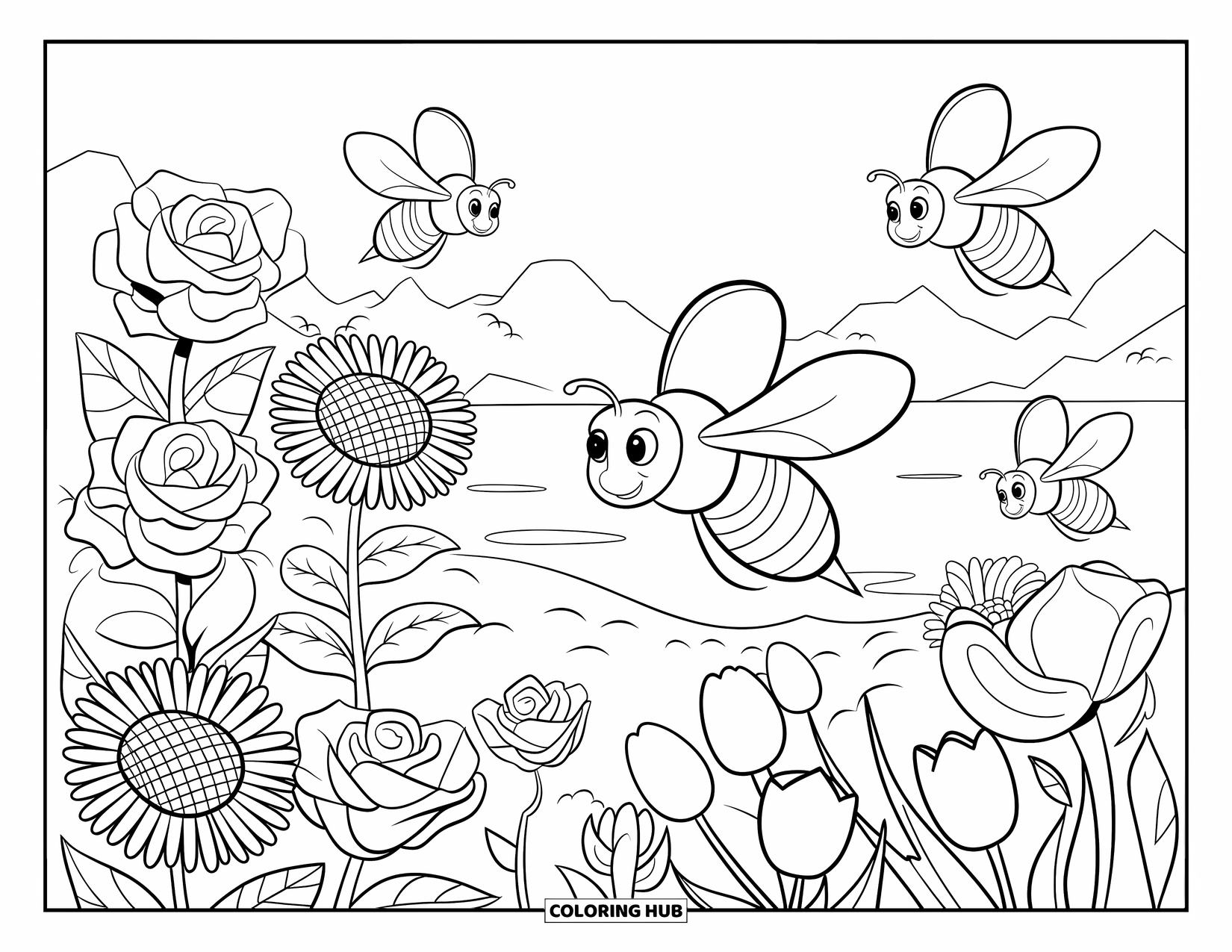 Dibujo de abeja para colorear para niños: Un jardín tranquilo con cinco abejas volando junto a flores en flor, montañas y un lago tranquilo